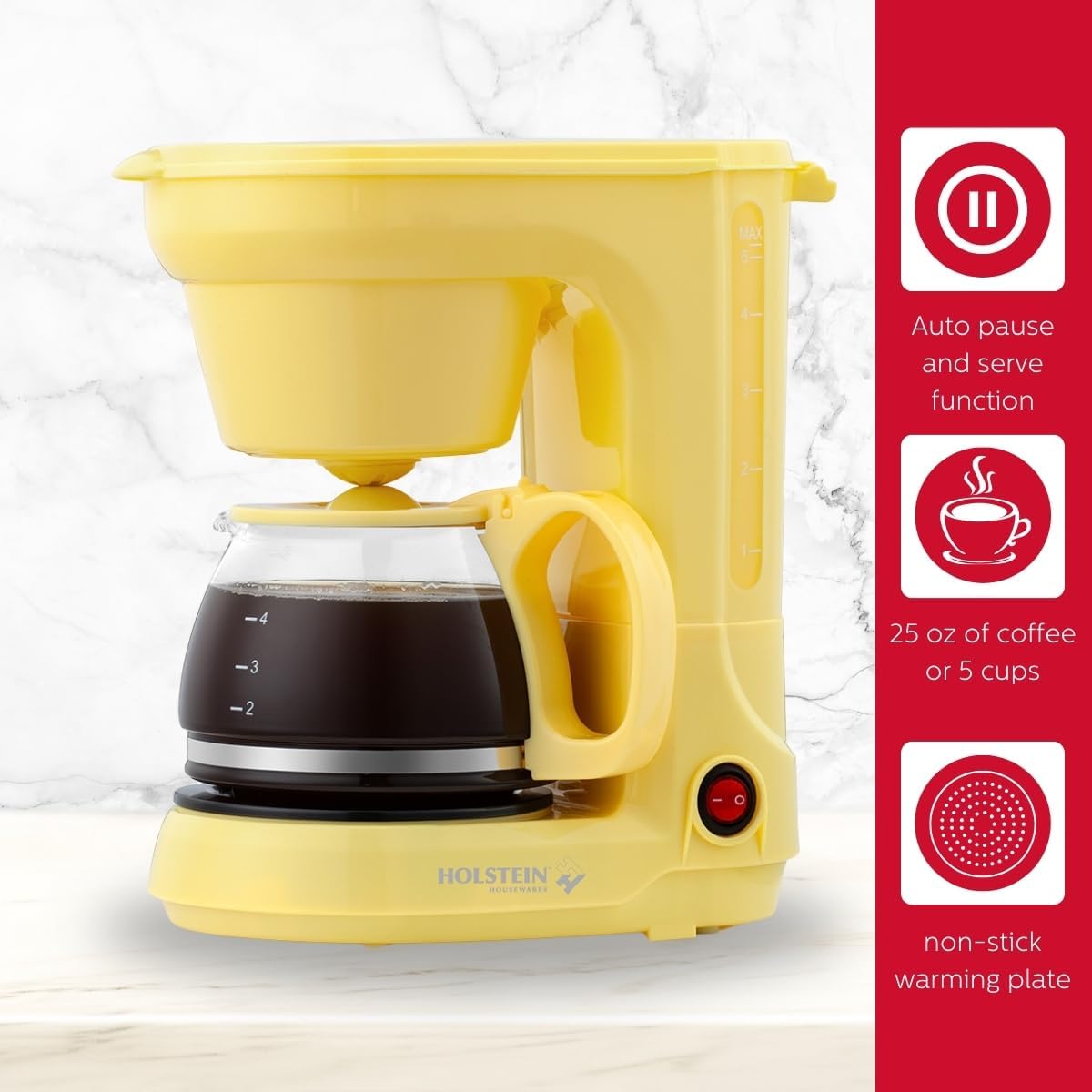 Holstein Housewares - 5컵 드립 커피 메이커 - 영구 필터, 붕규산 유리 카라페, 수위 표시기, 자동 일시 정지/제공 및 보온 기능이 있는 편리하고 사용하기 쉬운 제품, 노란색