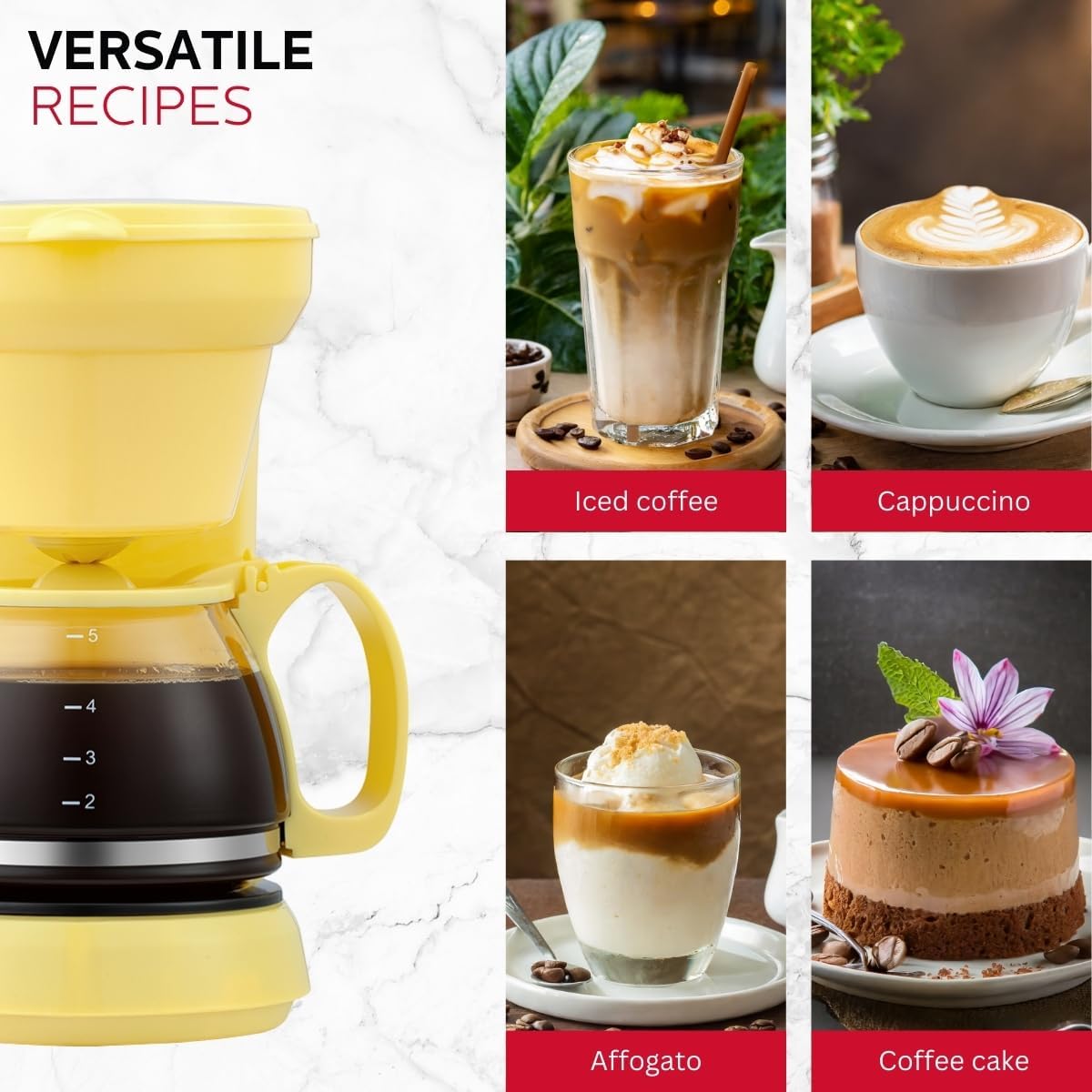 Holstein Housewares - 5컵 드립 커피 메이커 - 영구 필터, 붕규산 유리 카라페, 수위 표시기, 자동 일시 정지/제공 및 보온 기능이 있는 편리하고 사용하기 쉬운 제품, 노란색