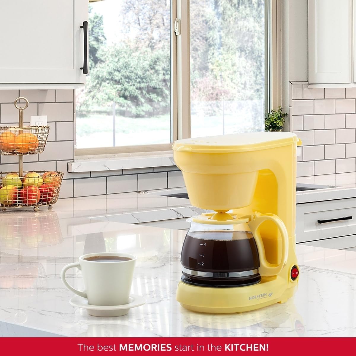 Holstein Housewares - 5컵 드립 커피 메이커 - 영구 필터, 붕규산 유리 카라페, 수위 표시기, 자동 일시 정지/제공 및 보온 기능이 있는 편리하고 사용하기 쉬운 제품, 노란색