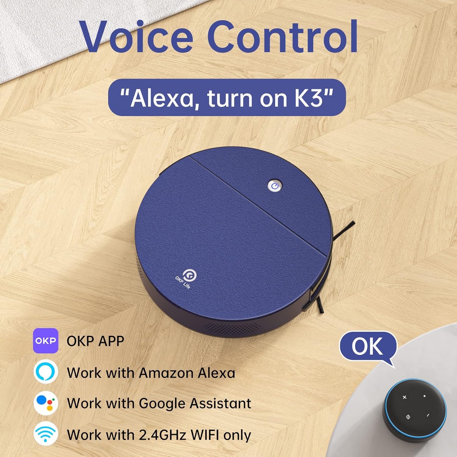 OKP K3 Robot Vacuum Cleaner Self-Charging Robotic Vacuum Cleaner with 2000Pa Strong Suction Voice Control for Hardfloor and Carpet,Blue · v6