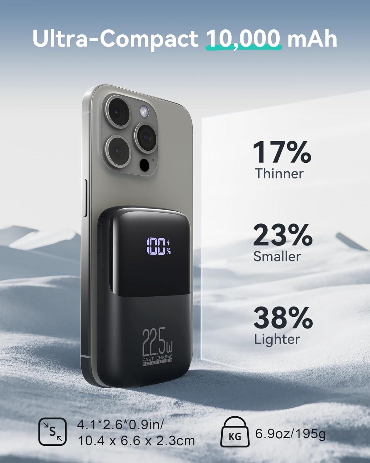 Chargeur portable INIU, plus petite banque d'alimentation de 22,5 W, 10 000 mAh, entrée/sortie USB C, charge rapide, mini-batterie à 3 sorties avec support de téléphone pour iPhone 16 15 14 13 12 Samsung S23, tablette Google iPad