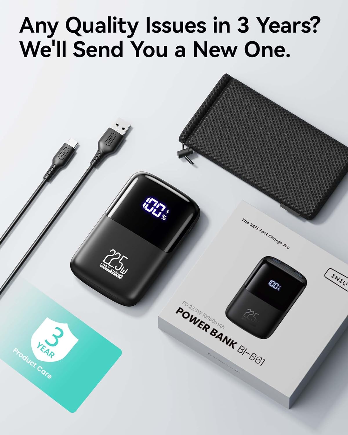 Chargeur portable INIU, plus petite banque d'alimentation de 22,5 W, 10 000 mAh, entrée/sortie USB C, charge rapide, mini-batterie à 3 sorties avec support de téléphone pour iPhone 16 15 14 13 12 Samsung S23, tablette Google iPad