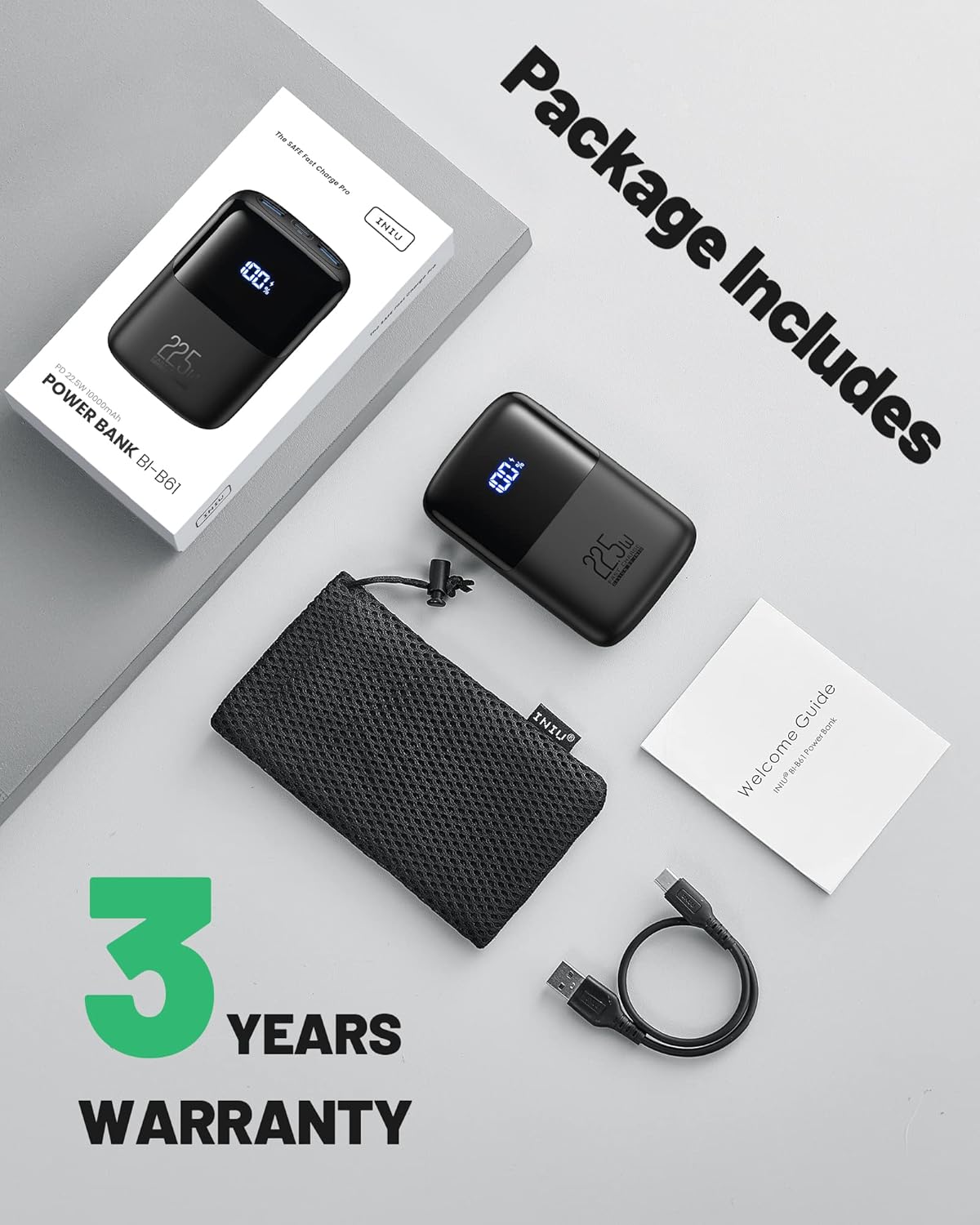 Chargeur portable INIU, plus petite banque d'alimentation de 22,5 W, 10 000 mAh, entrée/sortie USB C, charge rapide, mini-batterie à 3 sorties avec support de téléphone pour iPhone 16 15 14 13 12 Samsung S23, tablette Google iPad