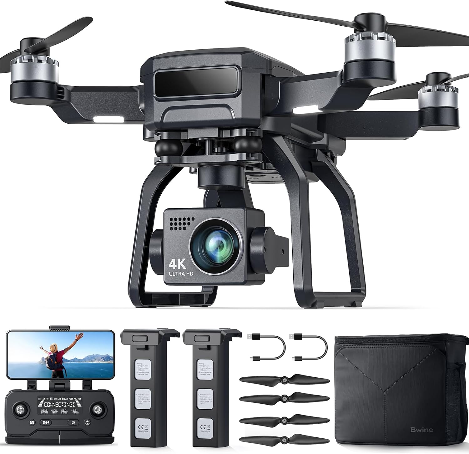 Drone Bwine F7GB2 avec caméra 4K pour adultes, cardan 3 axes, portée de transmission de 9 800 pieds, conformité à la FAA, 50 minutes de vol avec 2 batteries, retour automatique par GPS, mode « Suivez-moi » pour débutants