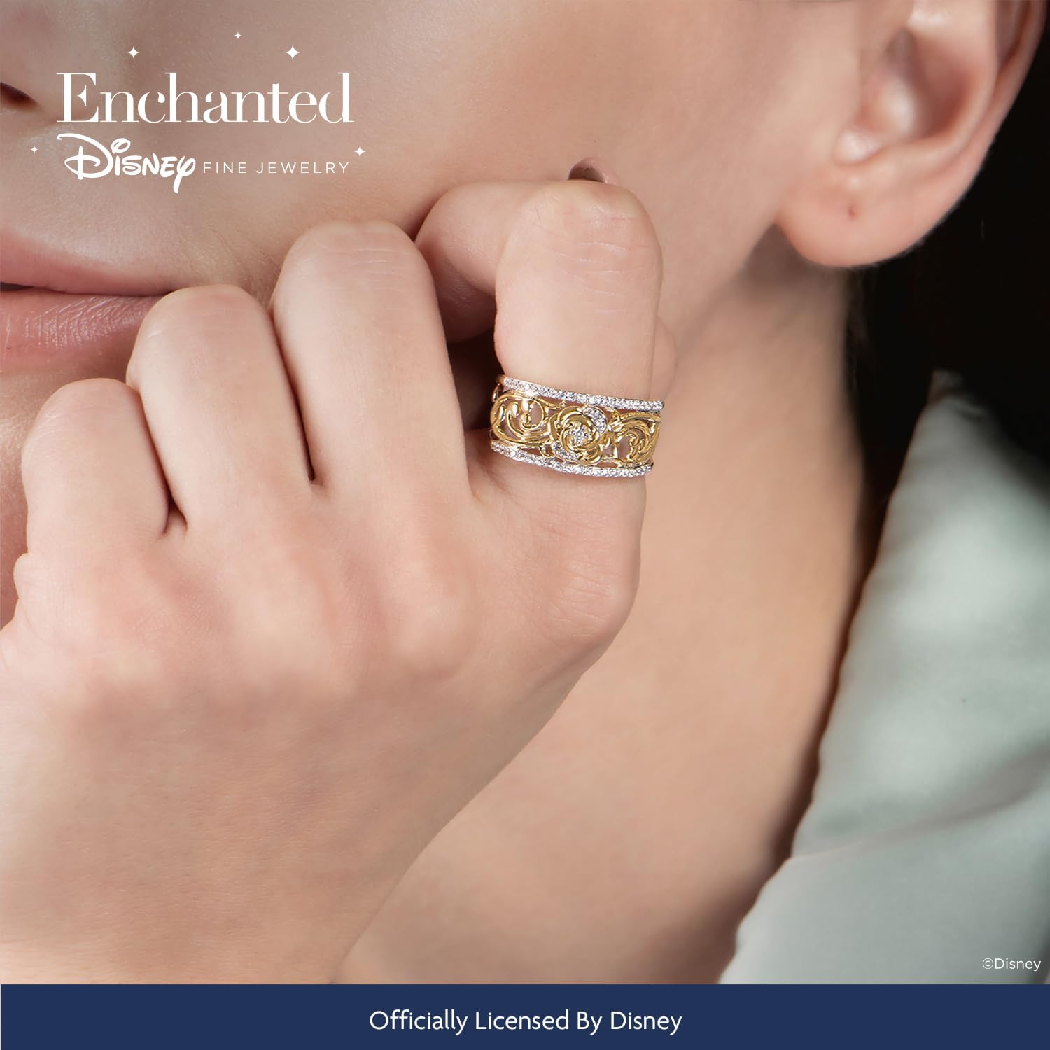 Jewelili Enchanted Disney Fine Jewelry in oro giallo 14 carati su argento sterling con diamanti bianchi naturali da 1/5 Cttw Belle Fashion