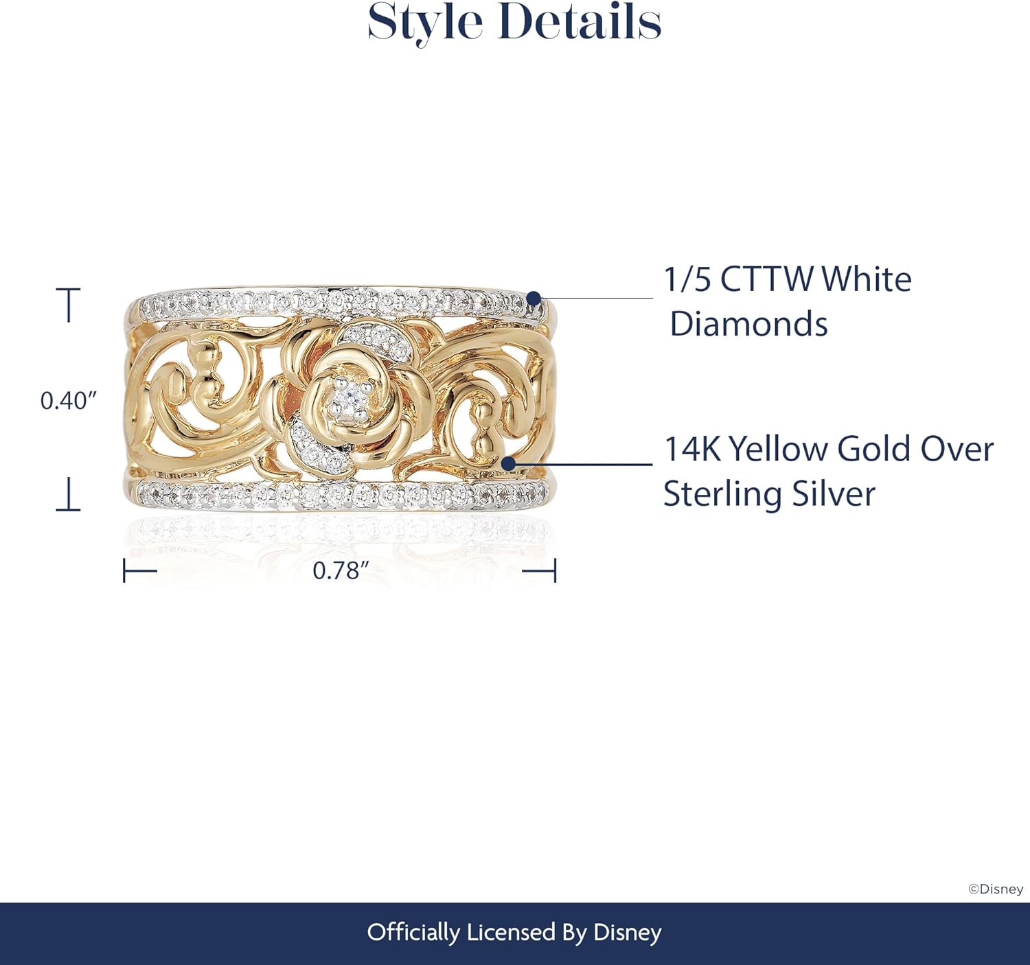 Jewelili Enchanted Disney Fine Jewelry in oro giallo 14 carati su argento sterling con diamanti bianchi naturali da 1/5 Cttw Belle Fashion
