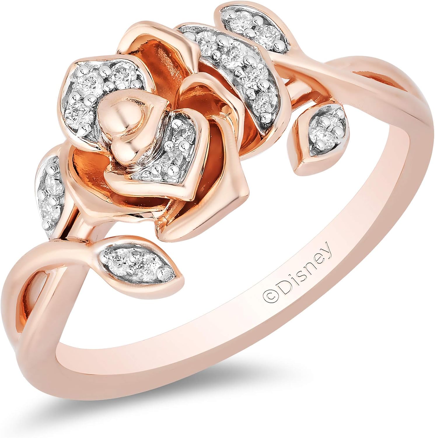 Jewelili Enchanted Disney Fine Jewelry แหวนเบลล์โรส ทองคำแท้ 14K ประดับบนเงินสเตอร์ลิง 1/10 กะรัต ประดับเพชรกลมสีขาว
