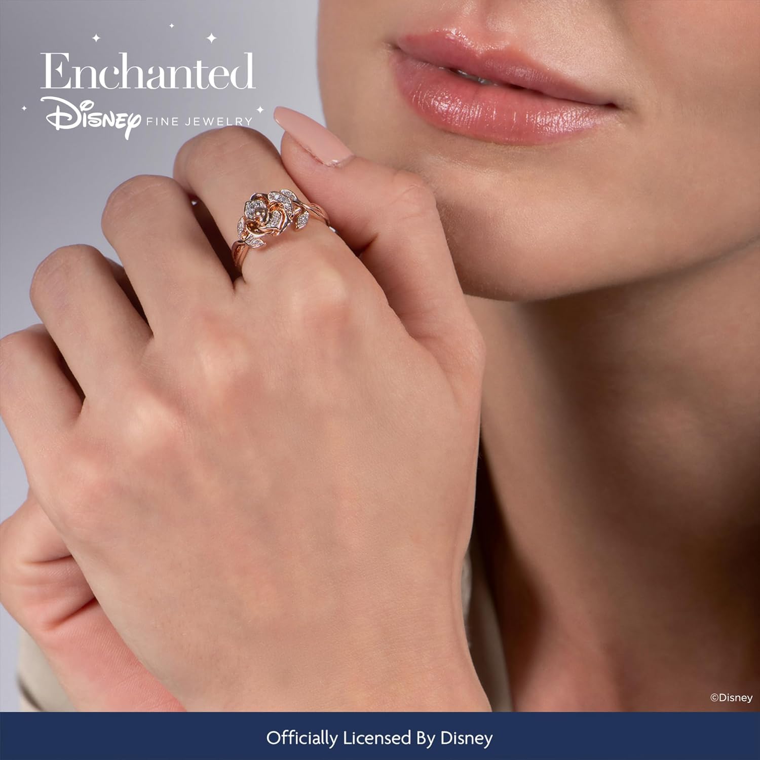 Jewelili Enchanted Disney Güzel Takı 14K Gül Altın Üzerine Gümüş 1/10 Cttw Beyaz Yuvarlak Pırlanta Belle Rose Yüzük
