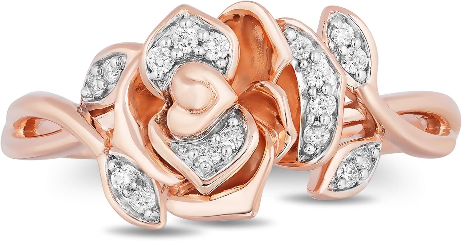 Jewelili Enchanted Disney Güzel Takı 14K Gül Altın Üzerine Gümüş 1/10 Cttw Beyaz Yuvarlak Pırlanta Belle Rose Yüzük