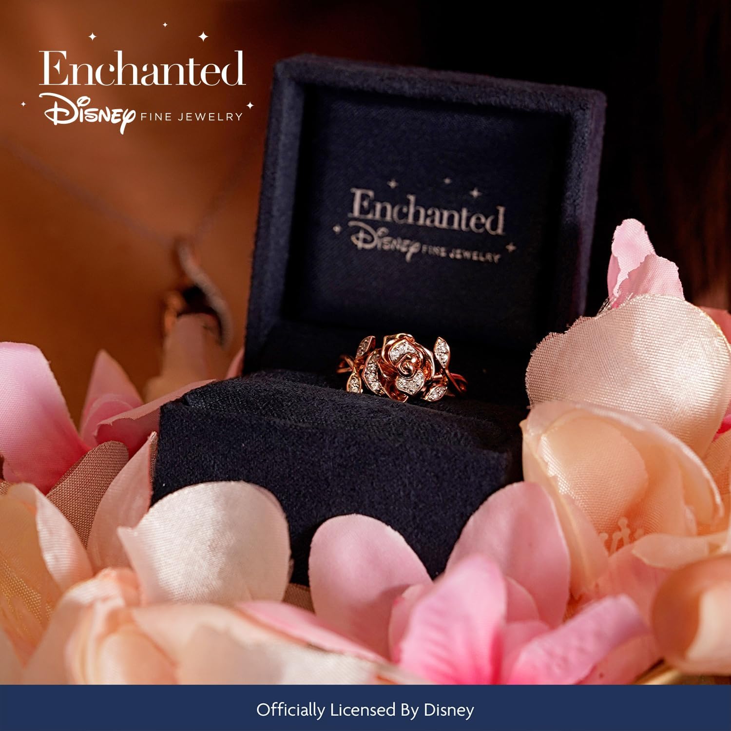 Jewelili Enchanted Disney Güzel Takı 14K Gül Altın Üzerine Gümüş 1/10 Cttw Beyaz Yuvarlak Pırlanta Belle Rose Yüzük