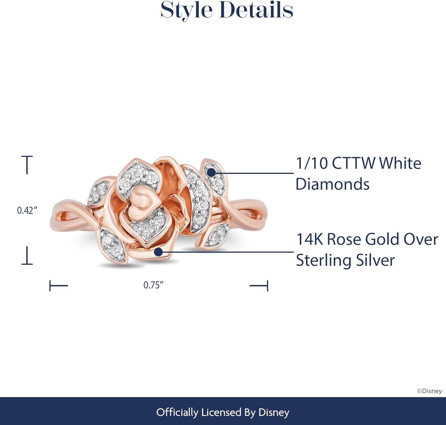 Jewelili Enchanted Disney Güzel Takı 14K Gül Altın Üzerine Gümüş 1/10 Cttw Beyaz Yuvarlak Pırlanta Belle Rose Yüzük