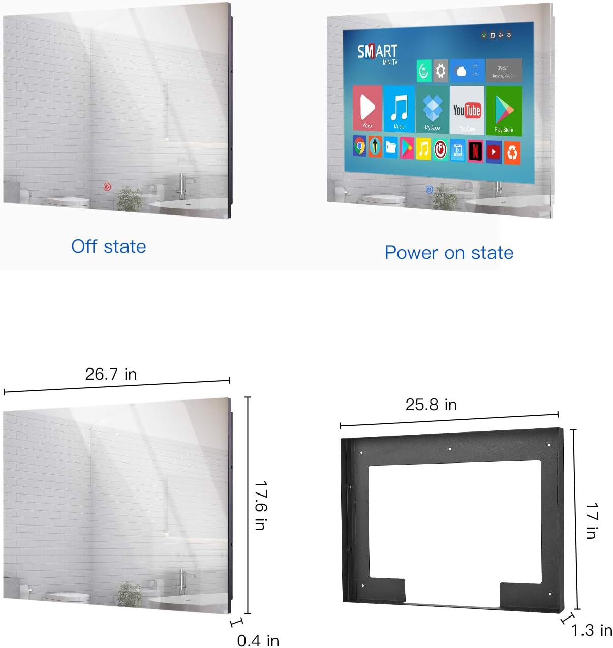 Haocrown Specchio da bagno impermeabile da 27 pollici Smart Touchscreen Android 11 TV, sintonizzatore ATSC Full HD 1080P Wi-Fi integrato Bluetooth Bluetooth (quasi nuovo, 2022)