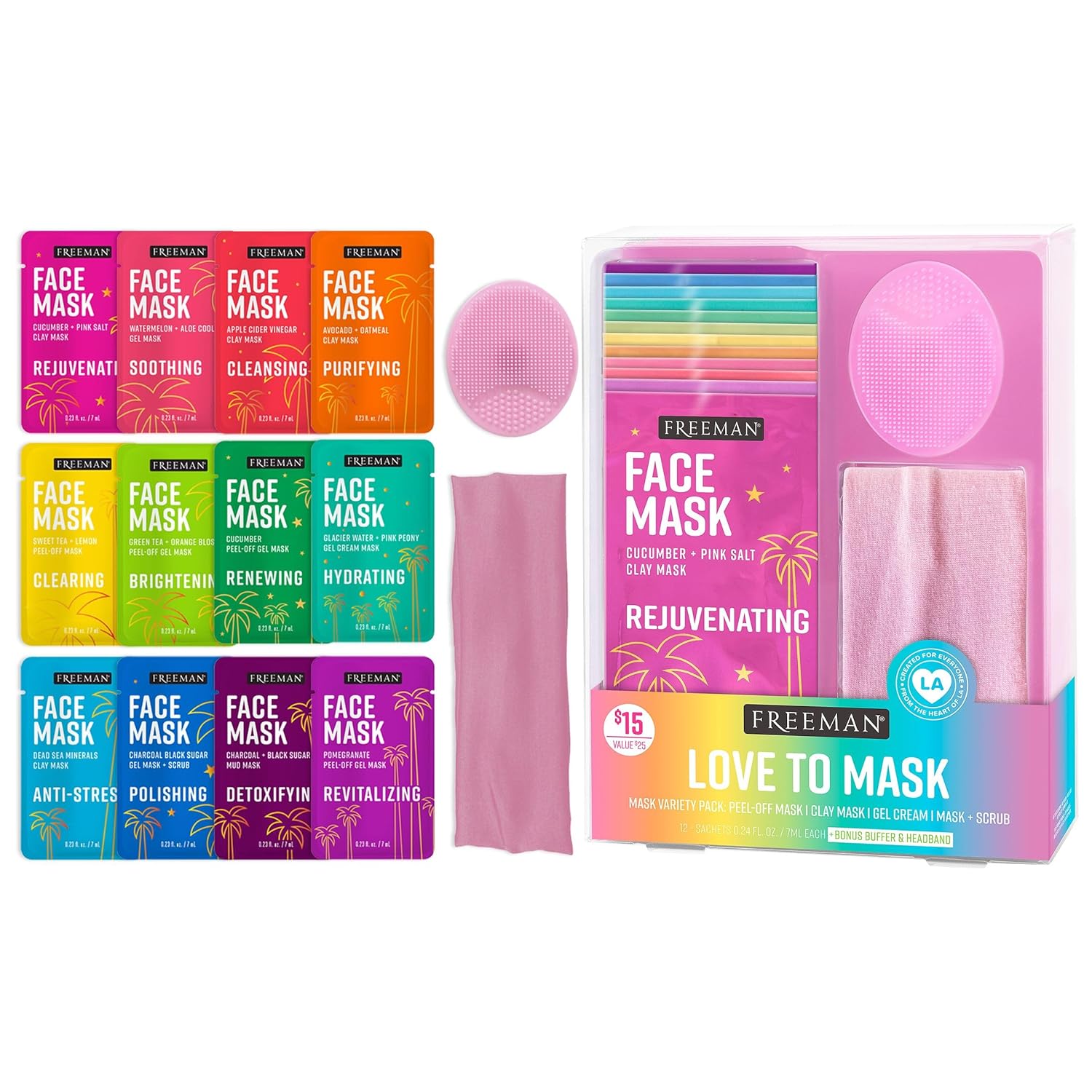 Freeman Facial Love To Mask 14 Piece Variety Pack: Oil Absorbing Clay, Detoxifying Charcoal, Clearing Peel Off, Hydrating Gel Cream, Exfoliating Scrub, With Bonus Buffer and Headband