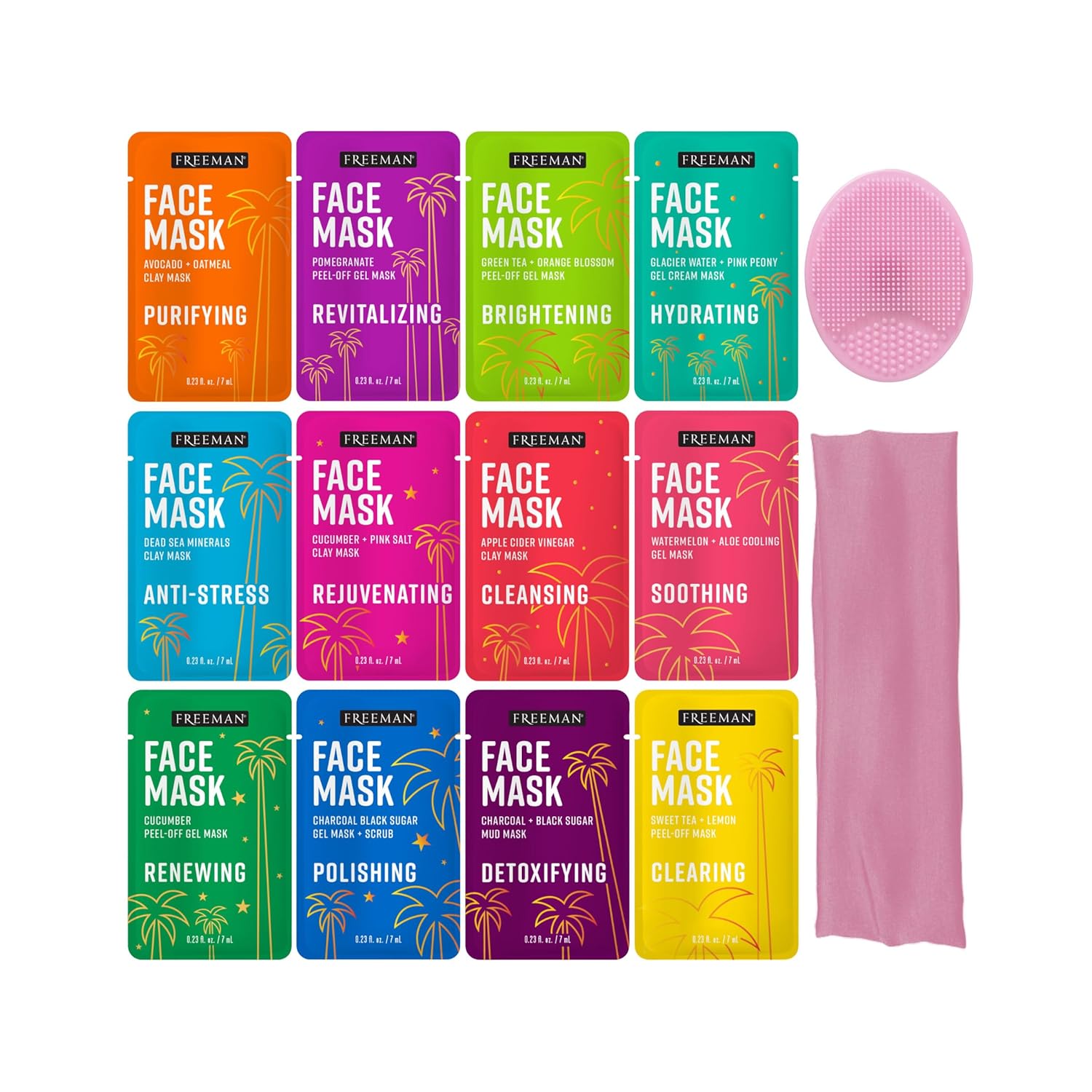 Freeman Facial Love To Mask 14 Piece Variety Pack: Oil Absorbing Clay, Detoxifying Charcoal, Clearing Peel Off, Hydrating Gel Cream, Exfoliating Scrub, With Bonus Buffer and Headband