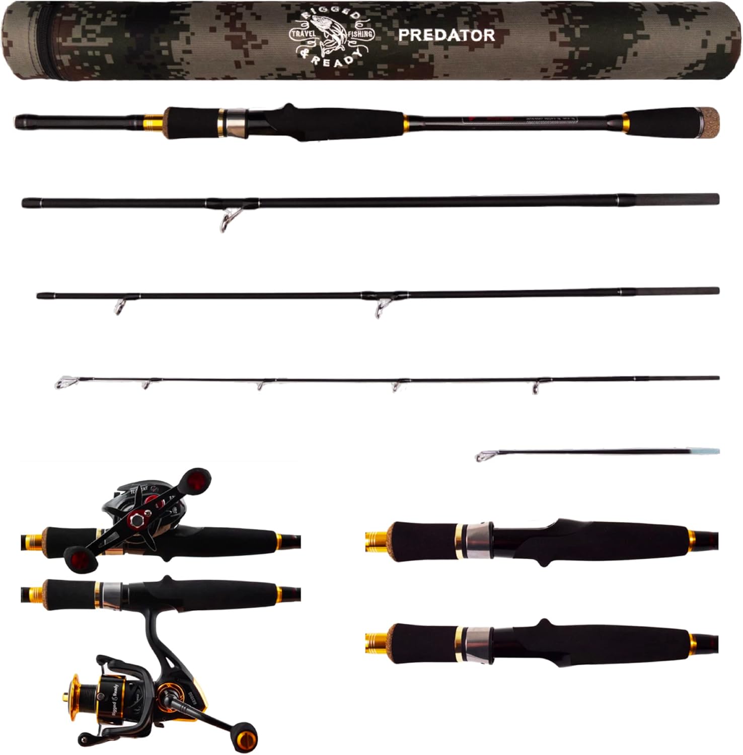 Rigged and Ready Predator Series Spin-Baitcast Fishing Rods. Compact hi-Carbon rods. Unique Spin/cast Micro Trigger. 4 Rod Sections, 2 Tips, case for Mobile Travel Rod Angling. Max 15Kg 33lbs Fish · v6