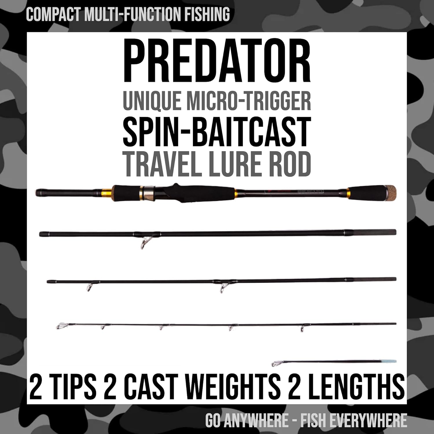Rigged and Ready Predator Series Spin-Baitcast Fishing Rods. Compact hi-Carbon rods. Unique Spin/cast Micro Trigger. 4 Rod Sections, 2 Tips, case for Mobile Travel Rod Angling. Max 15Kg 33lbs Fish · v6