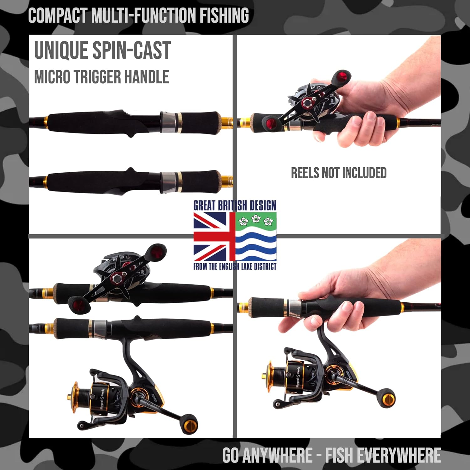 Rigged and Ready Predator Series Spin-Baitcast Fishing Rods. Compact hi-Carbon rods. Unique Spin/cast Micro Trigger. 4 Rod Sections, 2 Tips, case for Mobile Travel Rod Angling. Max 15Kg 33lbs Fish · v6