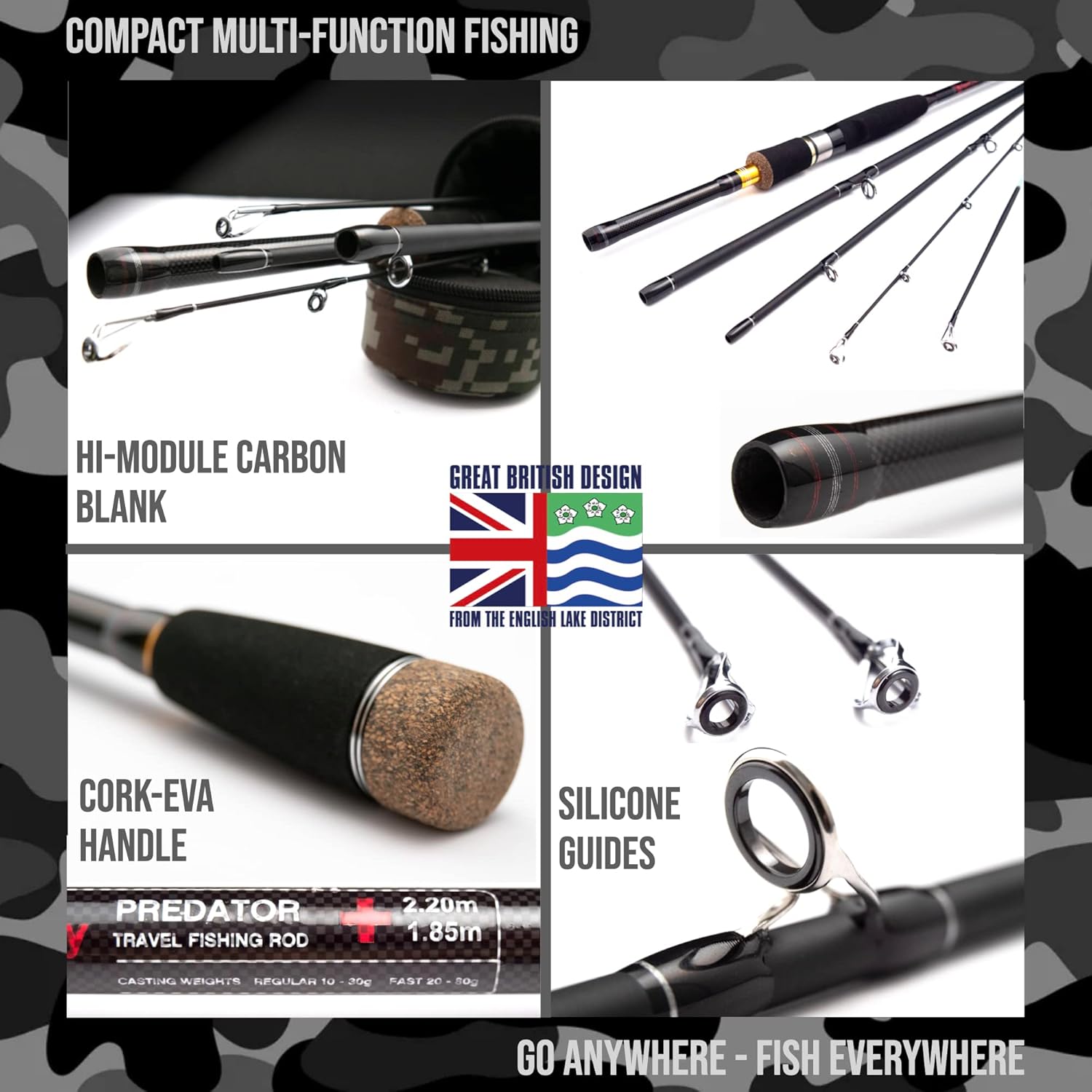Rigged and Ready Predator Series Spin-Baitcast Fishing Rods. Compact hi-Carbon rods. Unique Spin/cast Micro Trigger. 4 Rod Sections, 2 Tips, case for Mobile Travel Rod Angling. Max 15Kg 33lbs Fish · v6