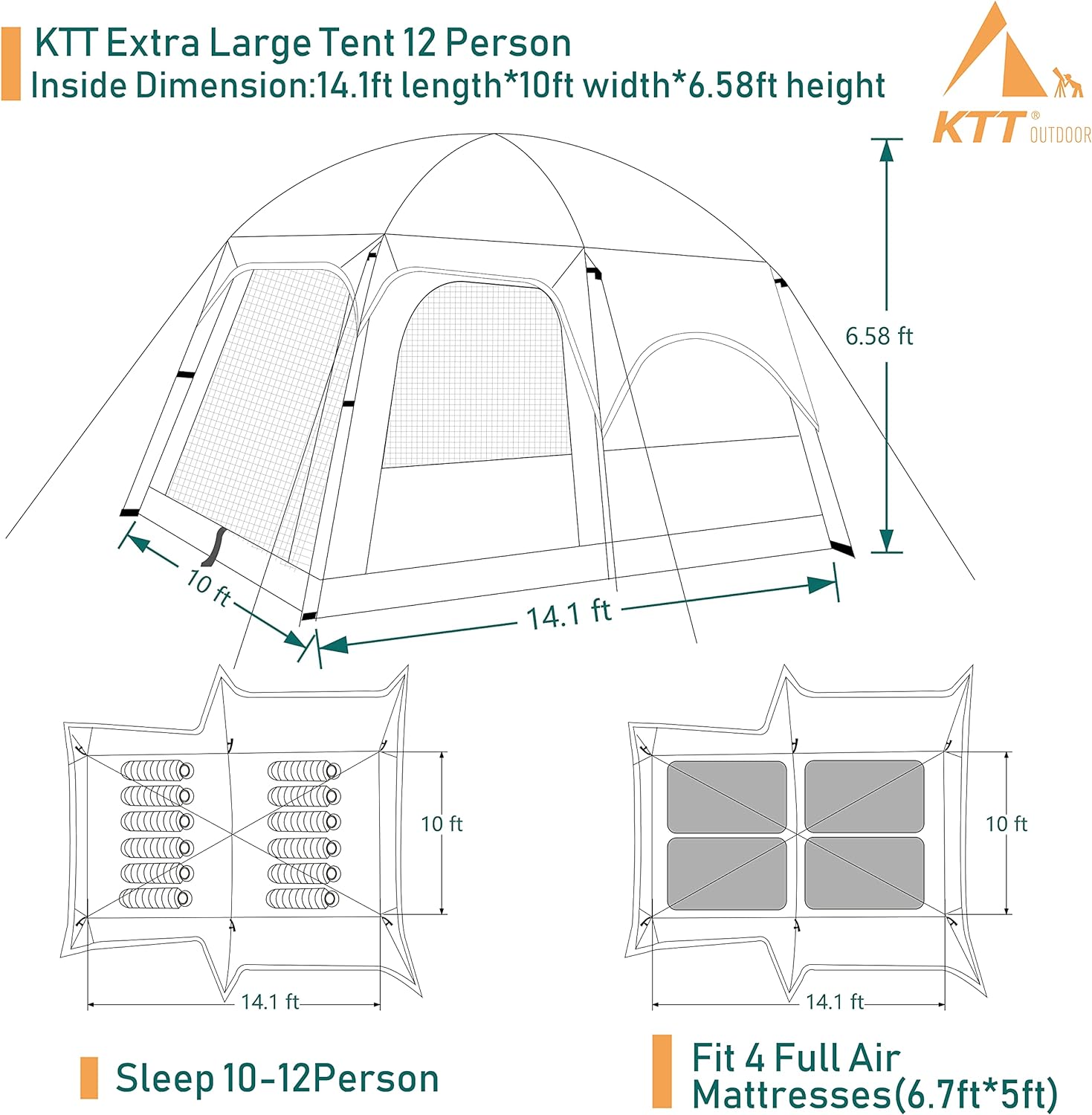 KTT Extra Large Tent 6-10-12 Person(A),Family Cabin Tents,2 Rooms,3 Doors and 3 Windows with Mesh,Straight Wall,Waterproof,Double Layer,Big Tent for Outdoor,Picnic,Camping,Family Gathering · v10