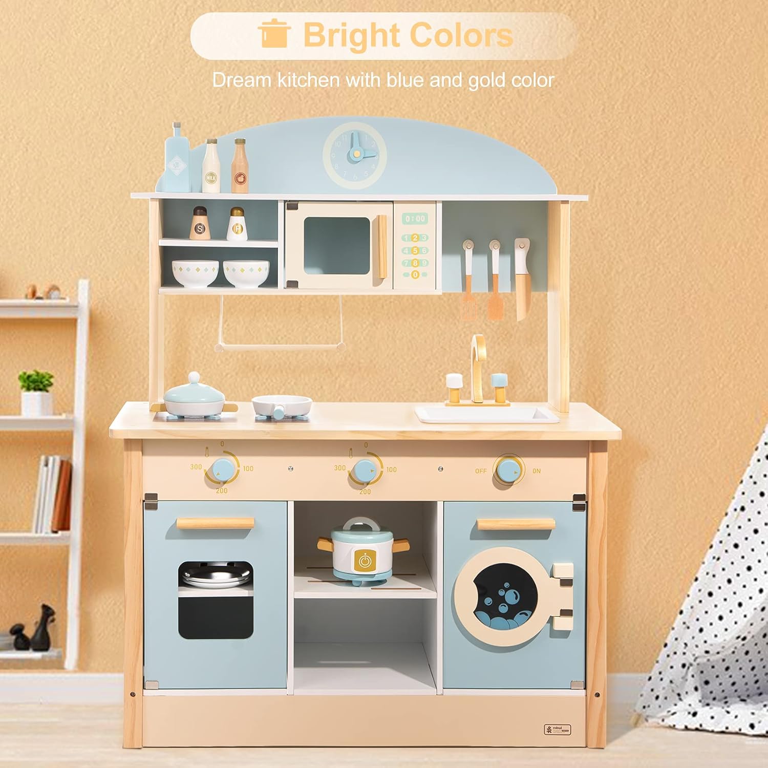 ROBUD Wooden Play Kitchen Set for Kids Toddlers, Toy Kitchen Gift for Boys Girls, Age 3 · v3