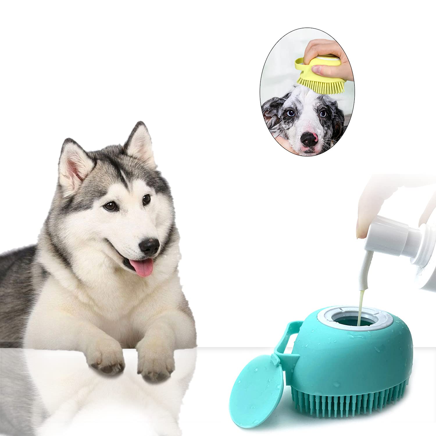 ELEGX Pet Grooming Bath Massage Brush with Soap and Shampoo Dispenser Soft Silicone Bristle for Long Short Haired Dogs Cats Shower (Yellow) · v5