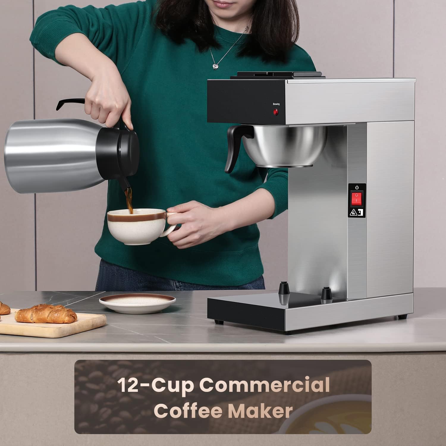 เครื่องชงกาแฟ SYBO Commercial Coffee Makers 12 Cup เครื่องชงกาแฟแบบหยดพร้อมเหยือกเก็บความร้อน 74 ออนซ์ กาต้มกาแฟ สแตนเลสสตีล Cafetera SF-CB-1AA