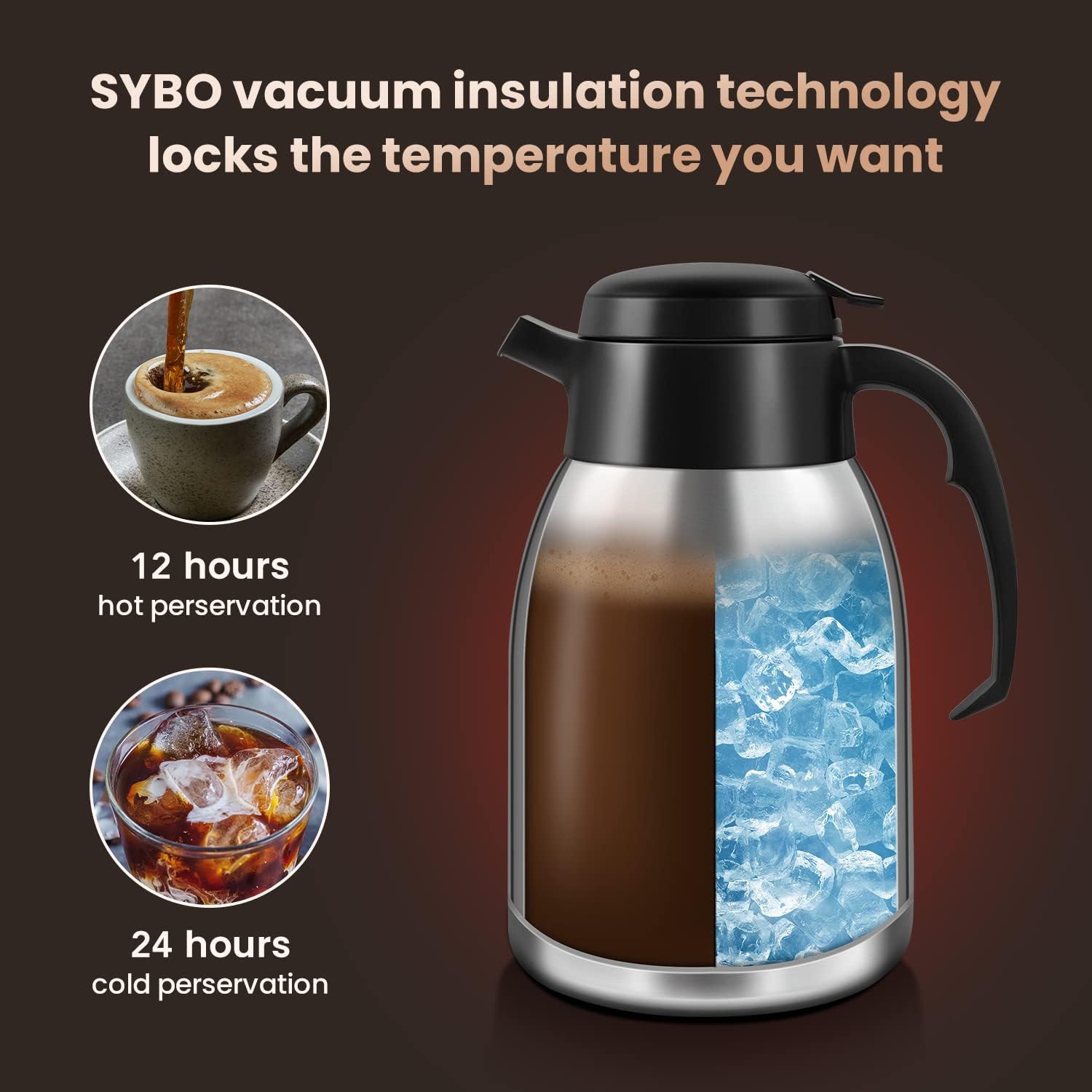 เครื่องชงกาแฟ SYBO Commercial Coffee Makers 12 Cup เครื่องชงกาแฟแบบหยดพร้อมเหยือกเก็บความร้อน 74 ออนซ์ กาต้มกาแฟ สแตนเลสสตีล Cafetera SF-CB-1AA