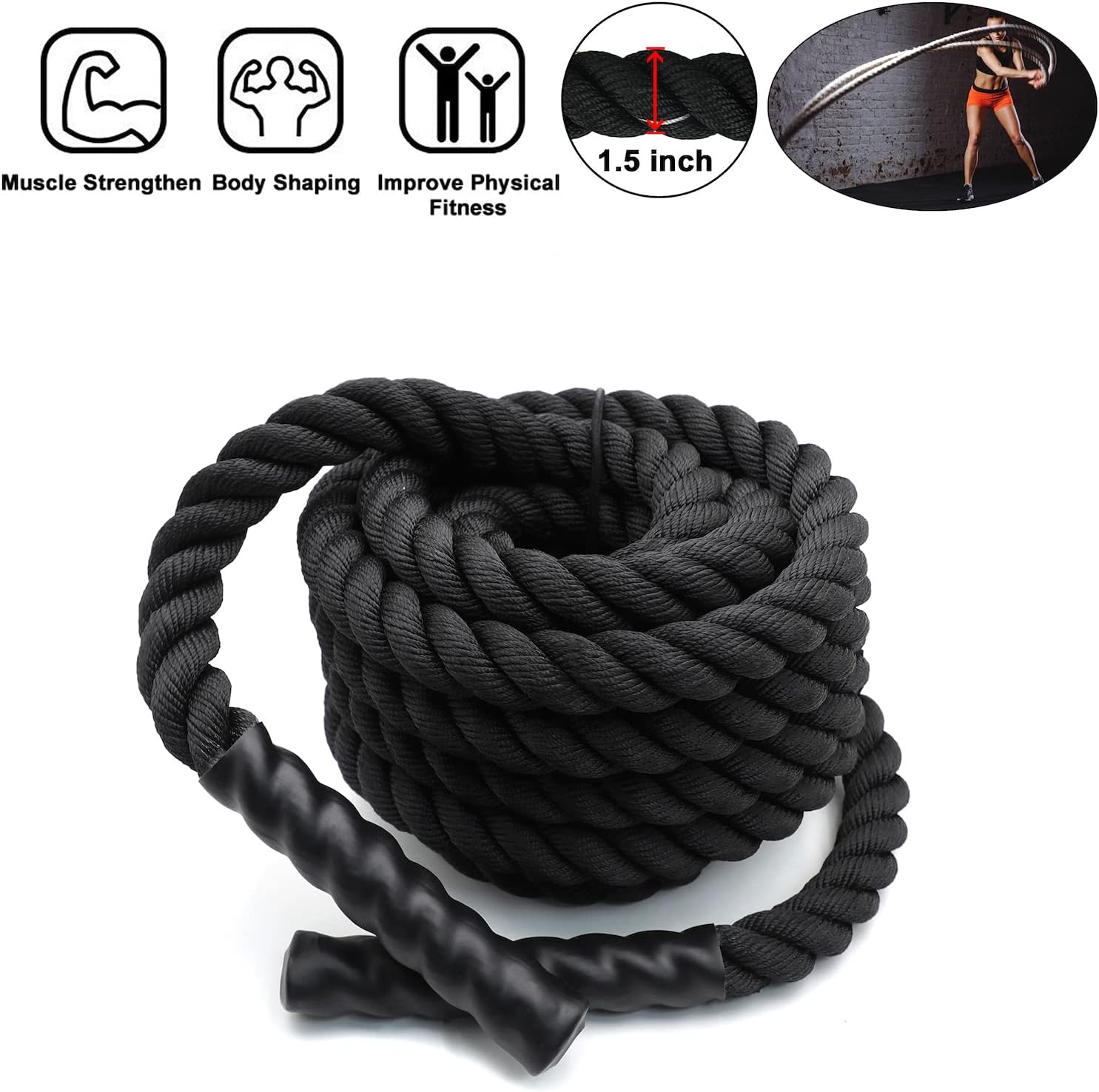 XKMT- Battle Rope Training Rope (1.5/30ft) Sports Exercise Strength Cardio Fitness Outdoors [P/N: ET-HOME005-BK]
