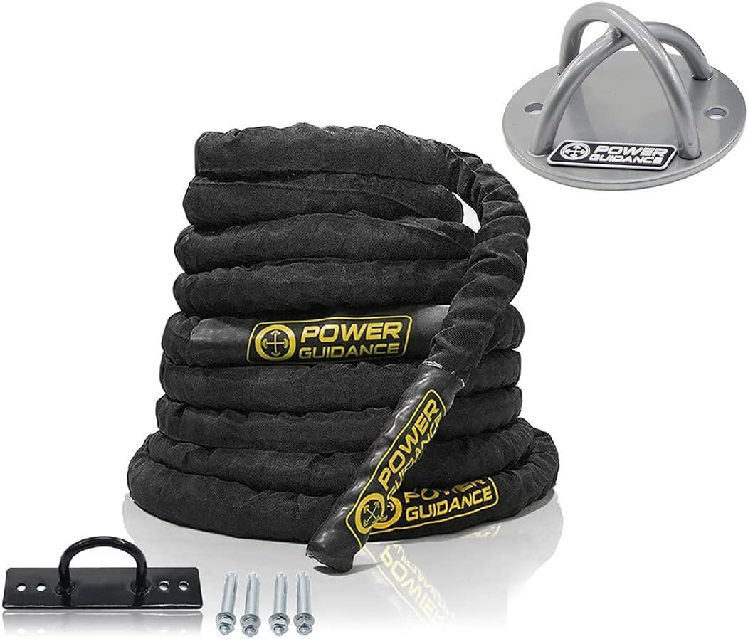 POWER GUIDANCE Corde de combat en polydacron de 1,5 pouce de diamètre, équipement d'exercice de 30 pieds de long pour la maison, la gym, support mural et au plafond pour sangles de suspension, anneaux de gymnastique, balançoires de yoga