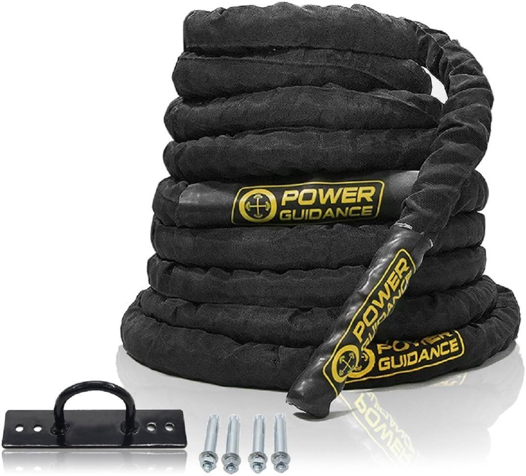 POWER GUIDANCE Corde de combat en polydacron de 1,5 pouce de diamètre, équipement d'exercice de 30 pieds de long pour la maison, la gym, support mural et au plafond pour sangles de suspension, anneaux de gymnastique, balançoires de yoga