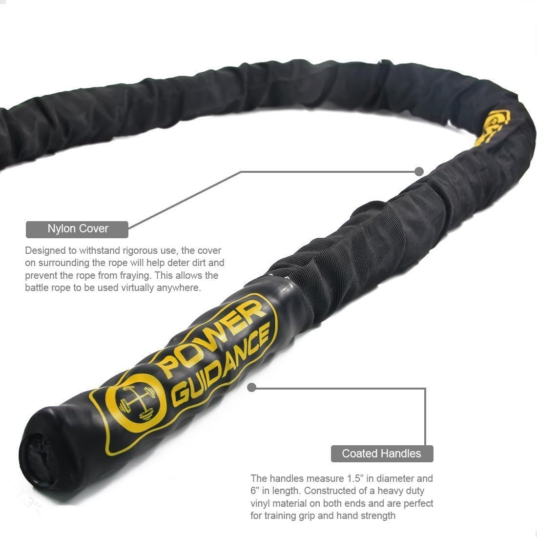 POWER GUIDANCE Corde de combat en polydacron de 1,5 pouce de diamètre, équipement d'exercice de 30 pieds de long pour la maison, la gym, support mural et au plafond pour sangles de suspension, anneaux de gymnastique, balançoires de yoga