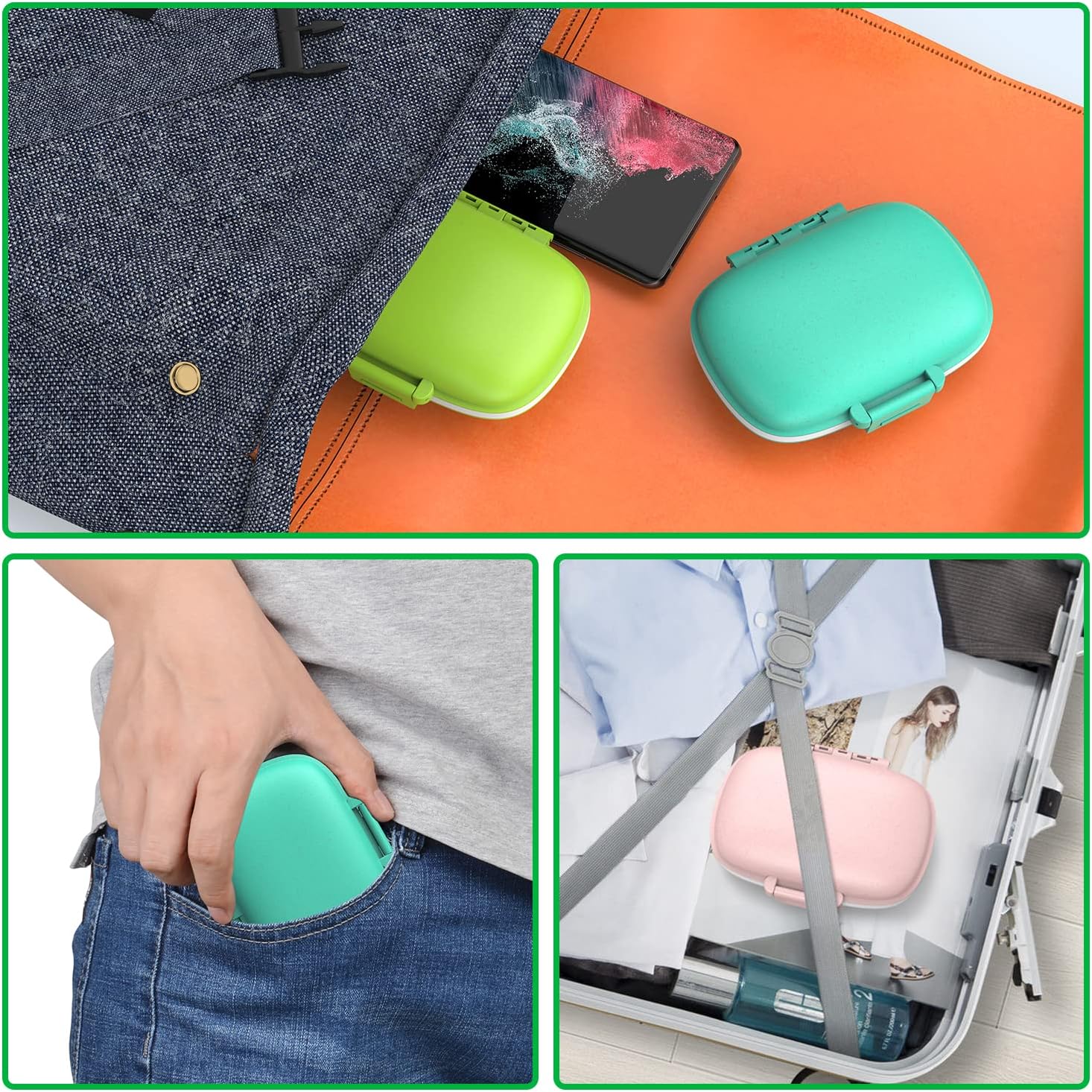 3 Pack 8 Compartments Travel Pill Box,Pill Organizer 7 Days Moisture Proof Small Pill Case for Pocket Purse Daily Portable Medicine Vitamin Holder Container(Pink Blue Green)