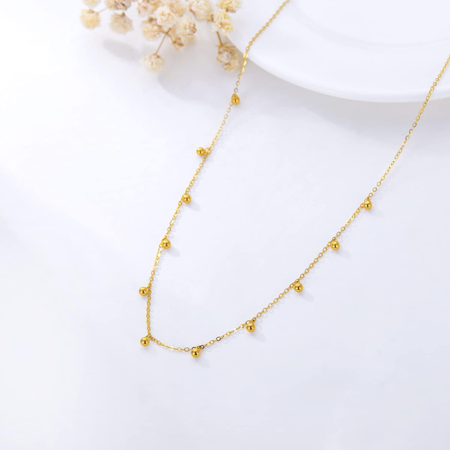 สร้อยคอทองคำ 14k พร้อมลูกปัดห้อยระย้าทองคำ 18k สำหรับผู้หญิง สร้อยคอโช้คเกอร์ทรงกลมเล็ก ของขวัญเครื่องประดับสำหรับเธอ ความยาว 14-19 นิ้ว