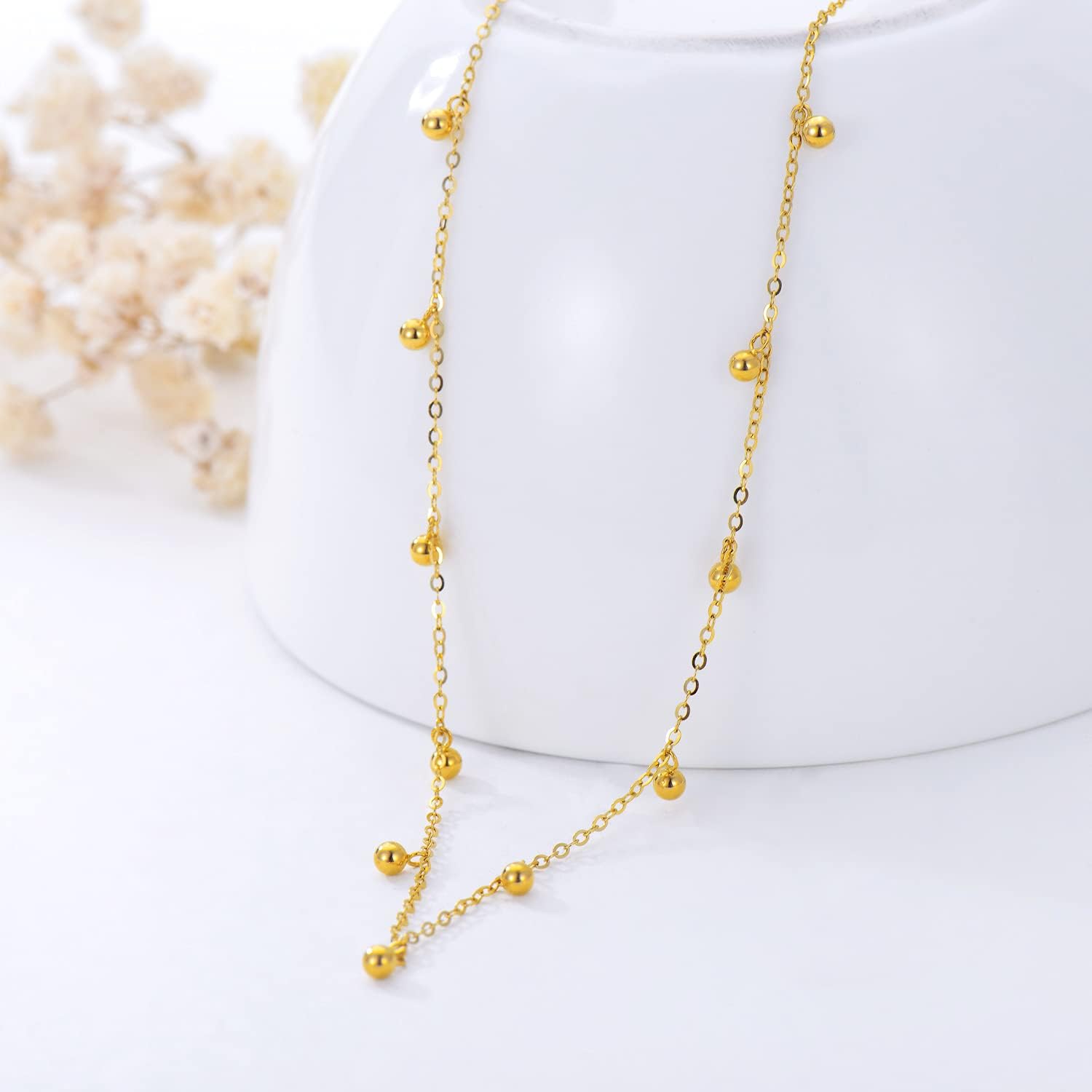 สร้อยคอทองคำ 14k พร้อมลูกปัดห้อยระย้าทองคำ 18k สำหรับผู้หญิง สร้อยคอโช้คเกอร์ทรงกลมเล็ก ของขวัญเครื่องประดับสำหรับเธอ ความยาว 14-19 นิ้ว