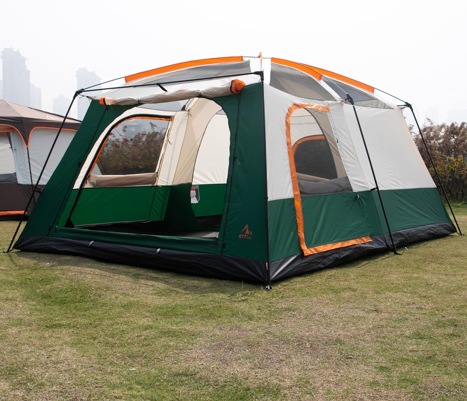 KTT Extra Large Tent 12 Person(A),Family Cabin Tents,2 Rooms,3 Doors and 3 Windows with Mesh,Straight Wall,Waterproof,Double Layer,Big Tent for Outdoor,Picnic,Camping,Family Gathering(Green)