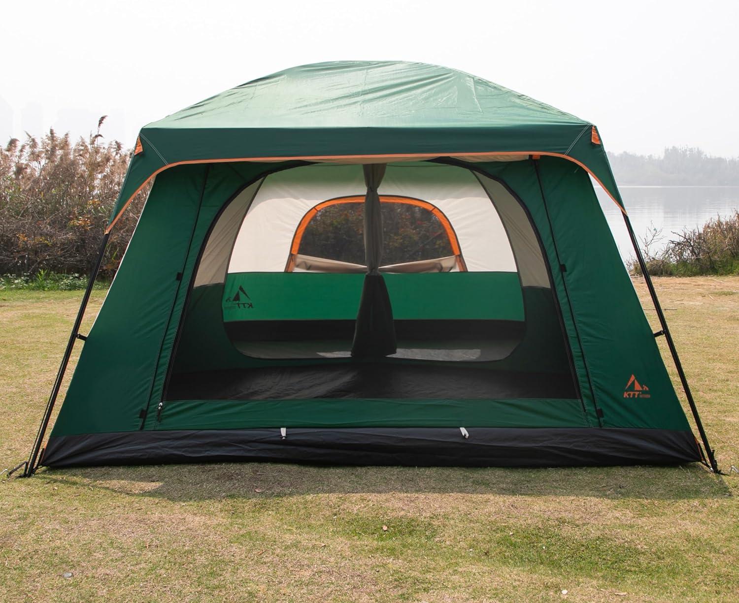 KTT Extra Large Tent 12 Person(A),Family Cabin Tents,2 Rooms,3 Doors and 3 Windows with Mesh,Straight Wall,Waterproof,Double Layer,Big Tent for Outdoor,Picnic,Camping,Family Gathering(Green)