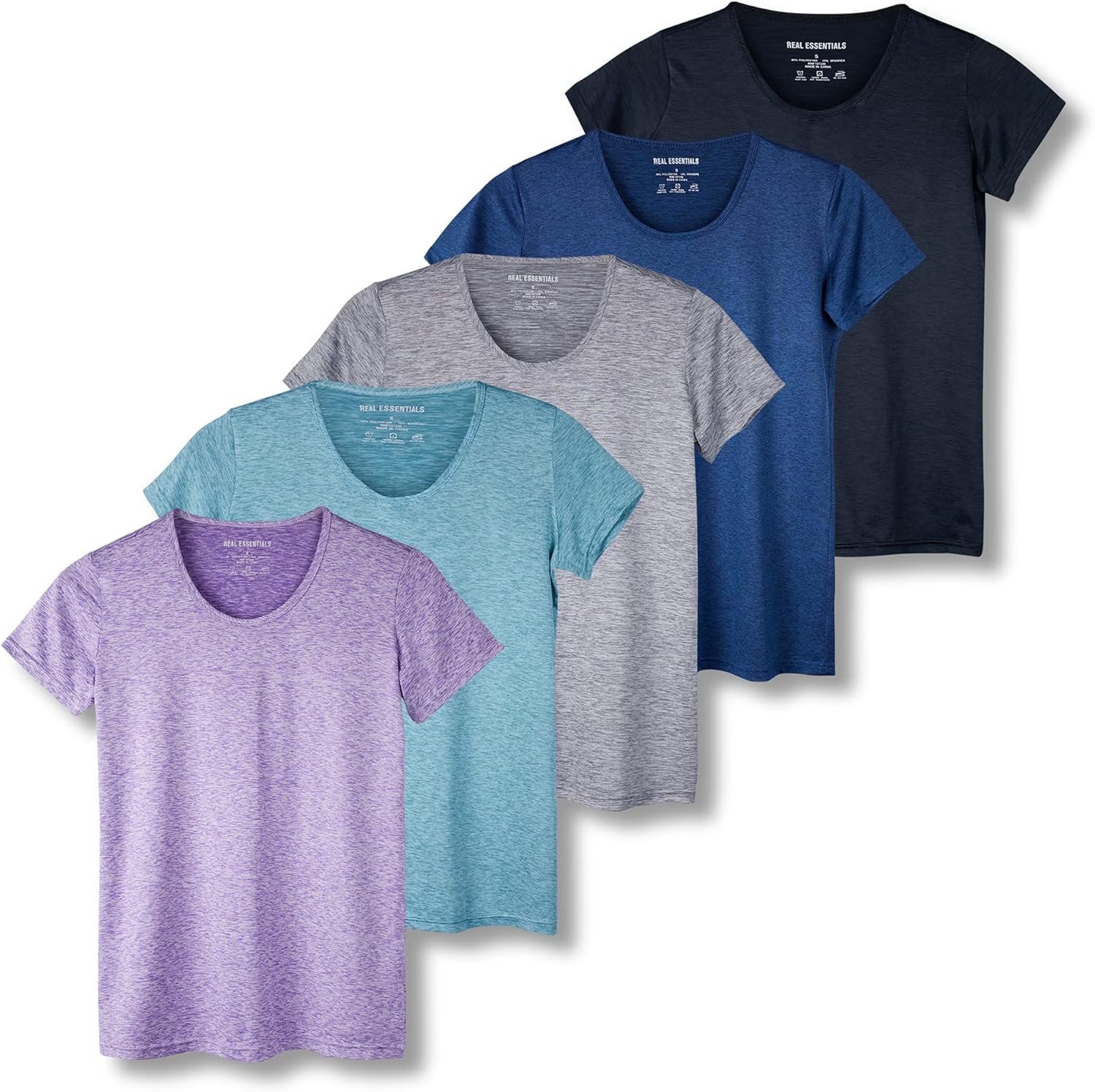 Real Essentials 5er-Pack: Dry Fit Tech Stretch Kurzarm-Sportshirt mit Rundhalsausschnitt für Damen (in Übergröße erhältlich)