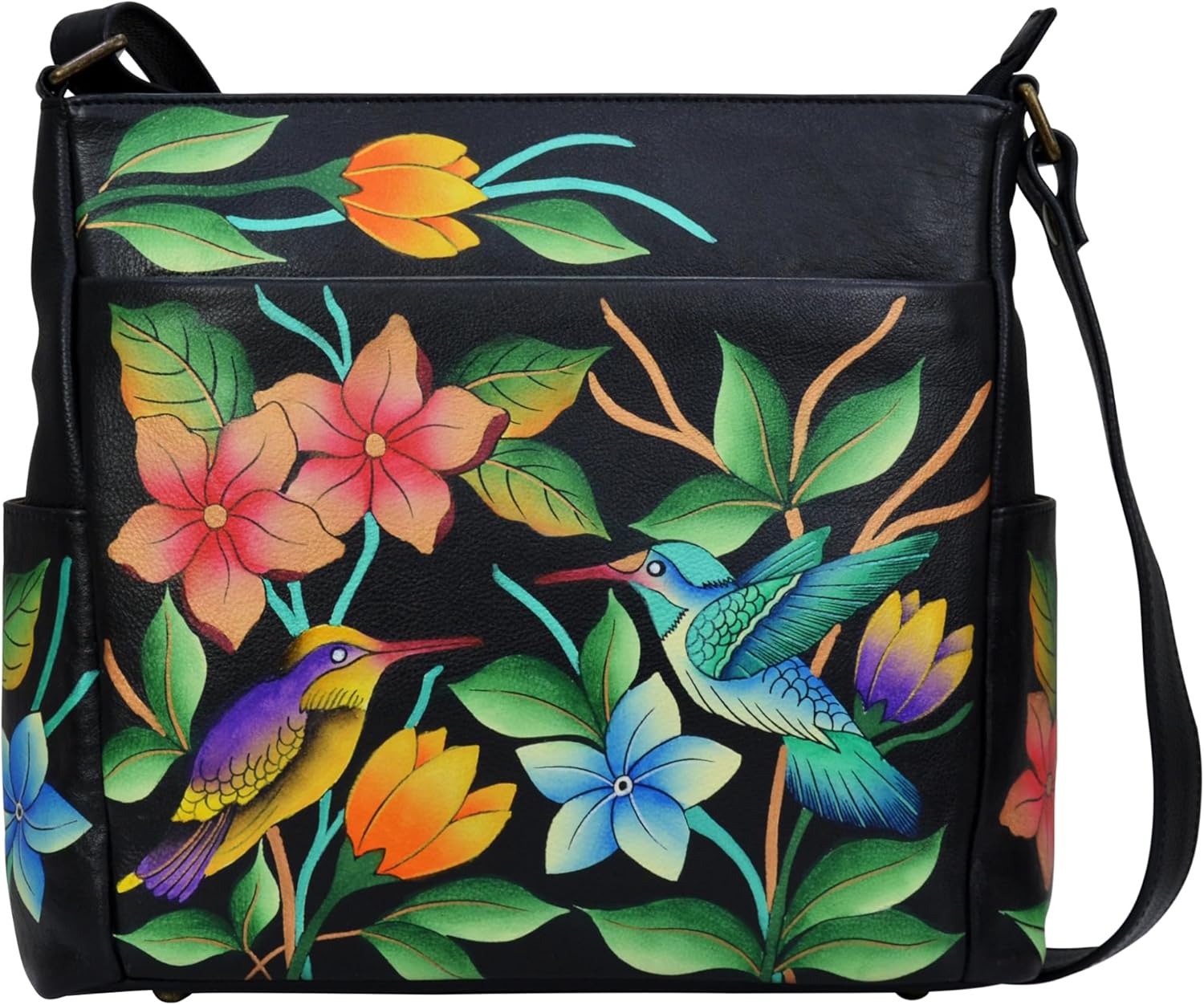 Anna by Anuschka Womens Hand-Painted Leather Crossbody with Side Pockets