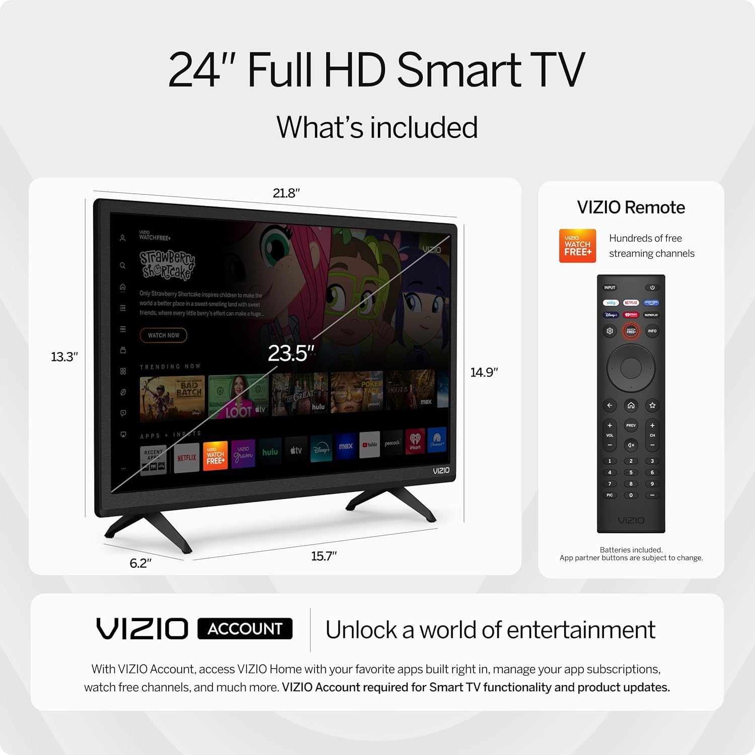 Smart TV VIZIO serie D Full HD 1080p da 24 pollici con Apple AirPlay e Chromecast integrati, compatibilità Alexa, D24f-J09, modello 2022