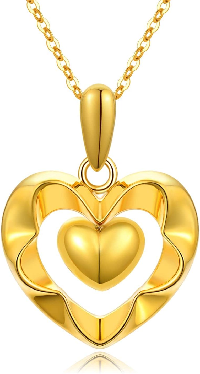18kt Real Gold Heart Necklaces for Women, Forever Love You Gold Luster Love Hearts Pendant Anniversary Jewelry Gifts for Her, Mom, Wife, 18 Inch · v2