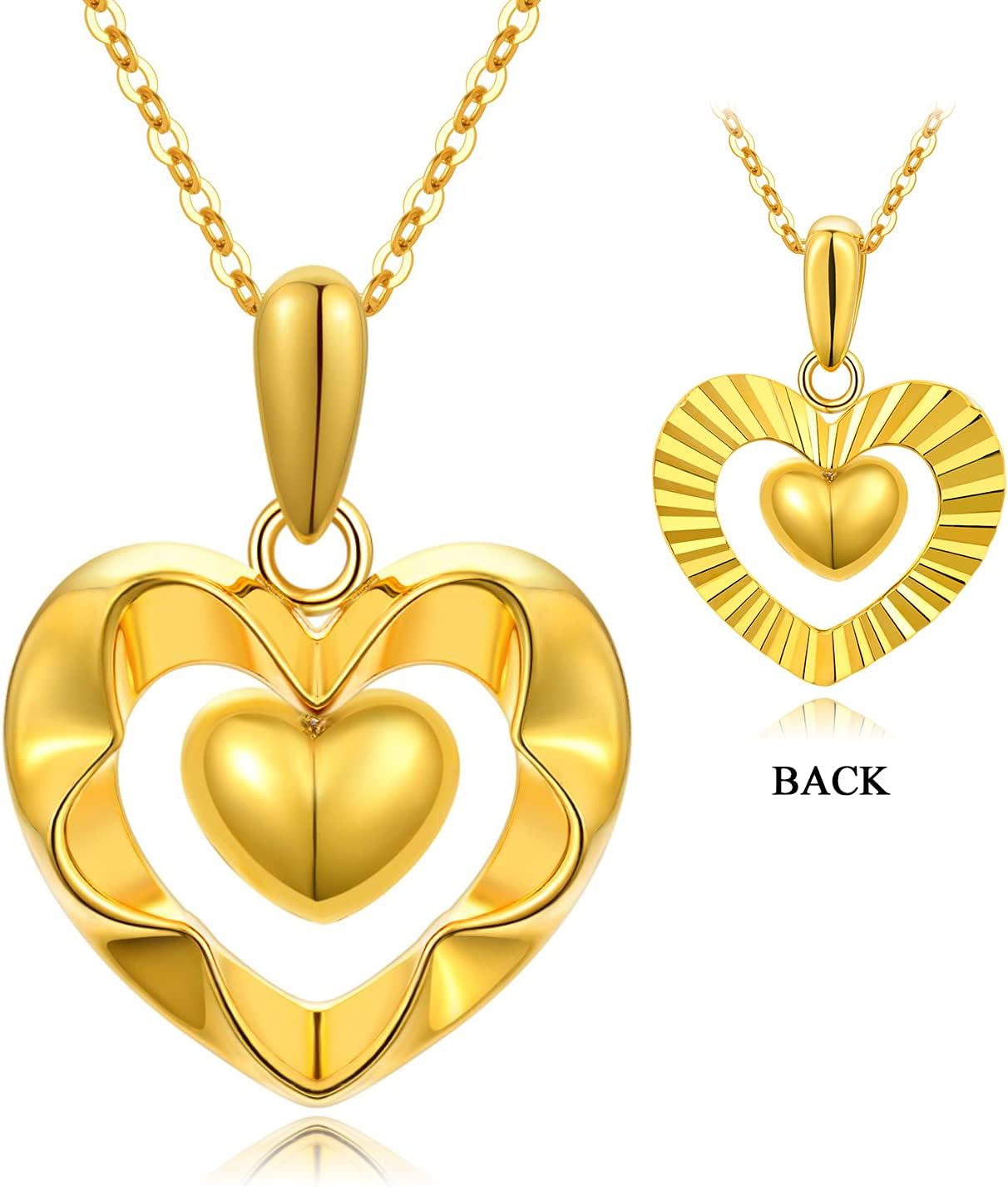 18kt Real Gold Heart Necklaces for Women, Forever Love You Gold Luster Love Hearts Pendant Anniversary Jewelry Gifts for Her, Mom, Wife, 18 Inch · v2