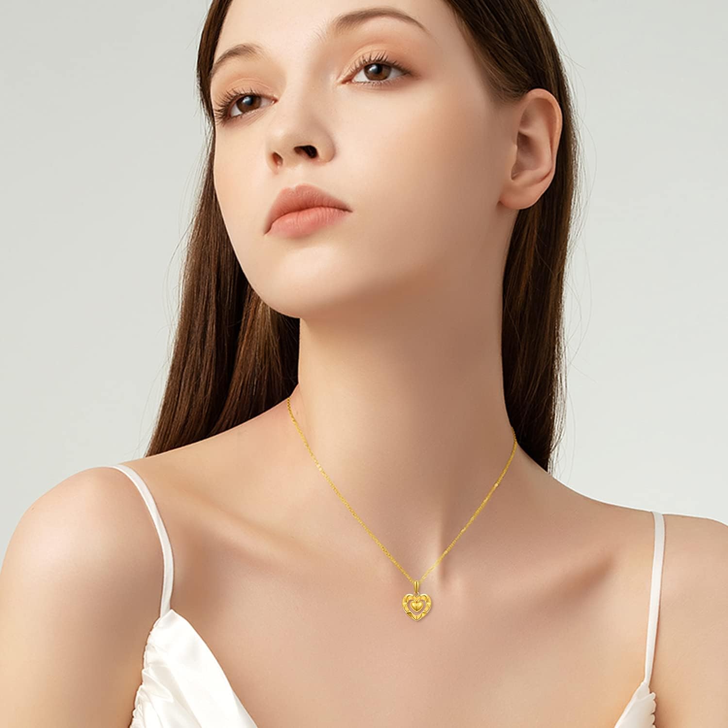 18kt Real Gold Heart Necklaces for Women, Forever Love You Gold Luster Love Hearts Pendant Anniversary Jewelry Gifts for Her, Mom, Wife, 18 Inch · v2
