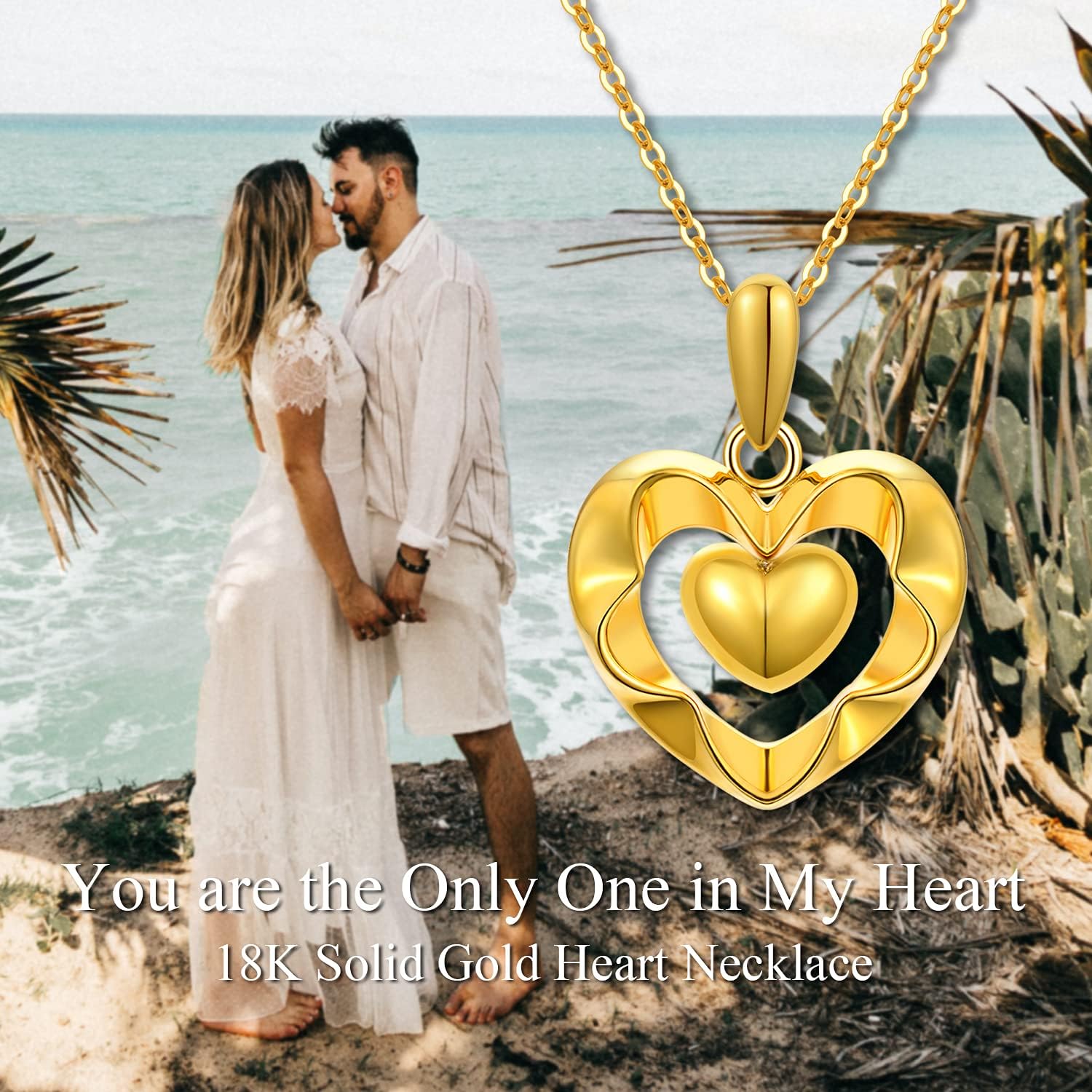 18kt Real Gold Heart Necklaces for Women, Forever Love You Gold Luster Love Hearts Pendant Anniversary Jewelry Gifts for Her, Mom, Wife, 18 Inch · v2