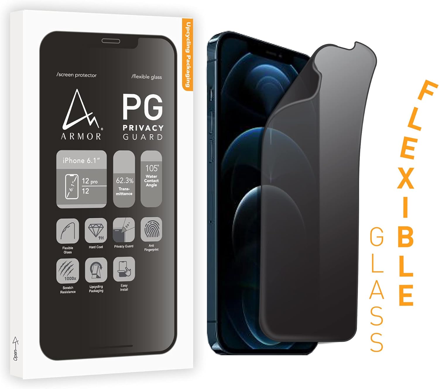 Protecteur d'écran en verre souple ARMOR pour iPhone 12 Pro/12, Privacy Guard avec 9 H