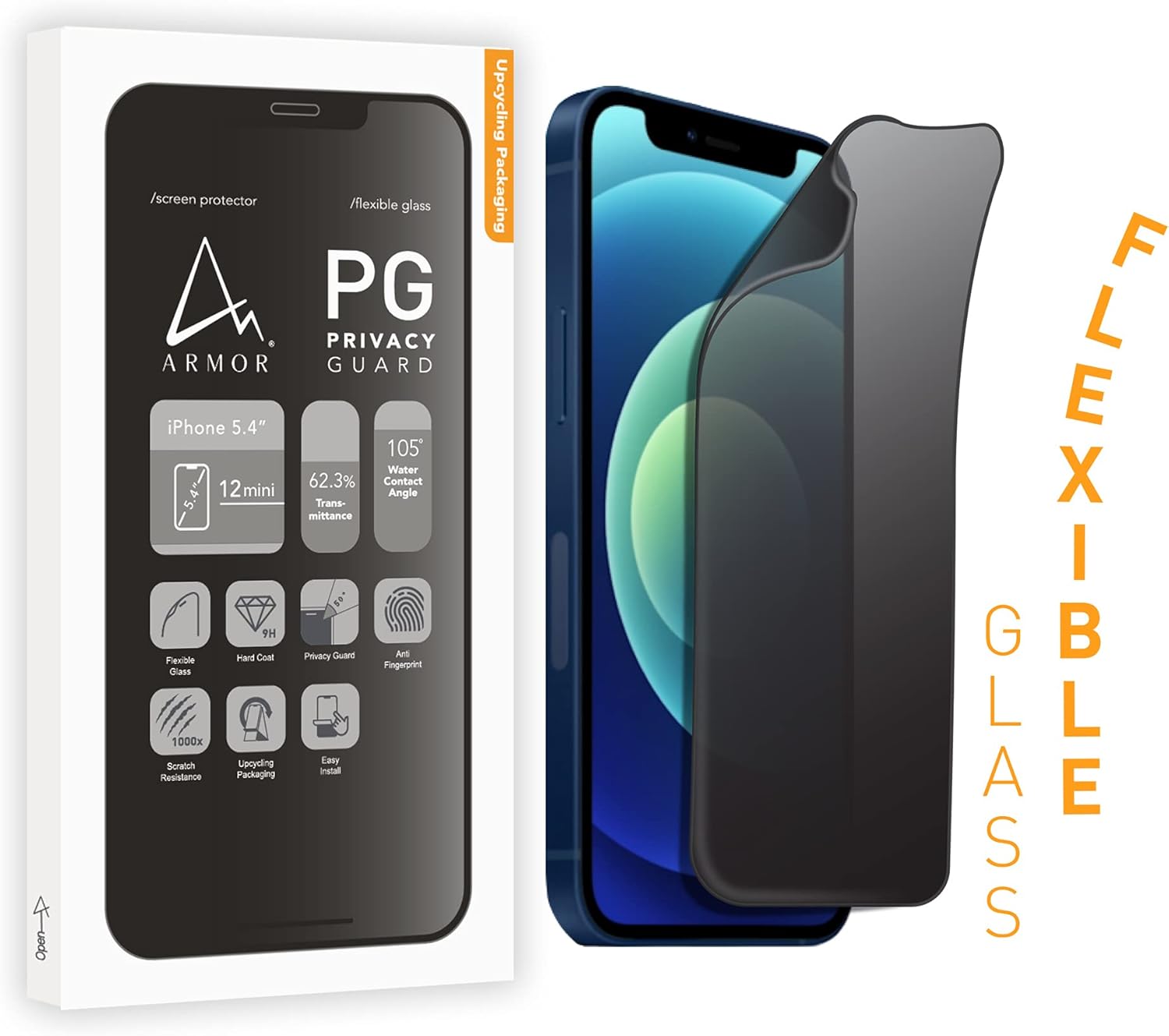 ARMOR Flexible Glass Screen Protector for iPhone 12 Mini, Privacy Guard with 9H