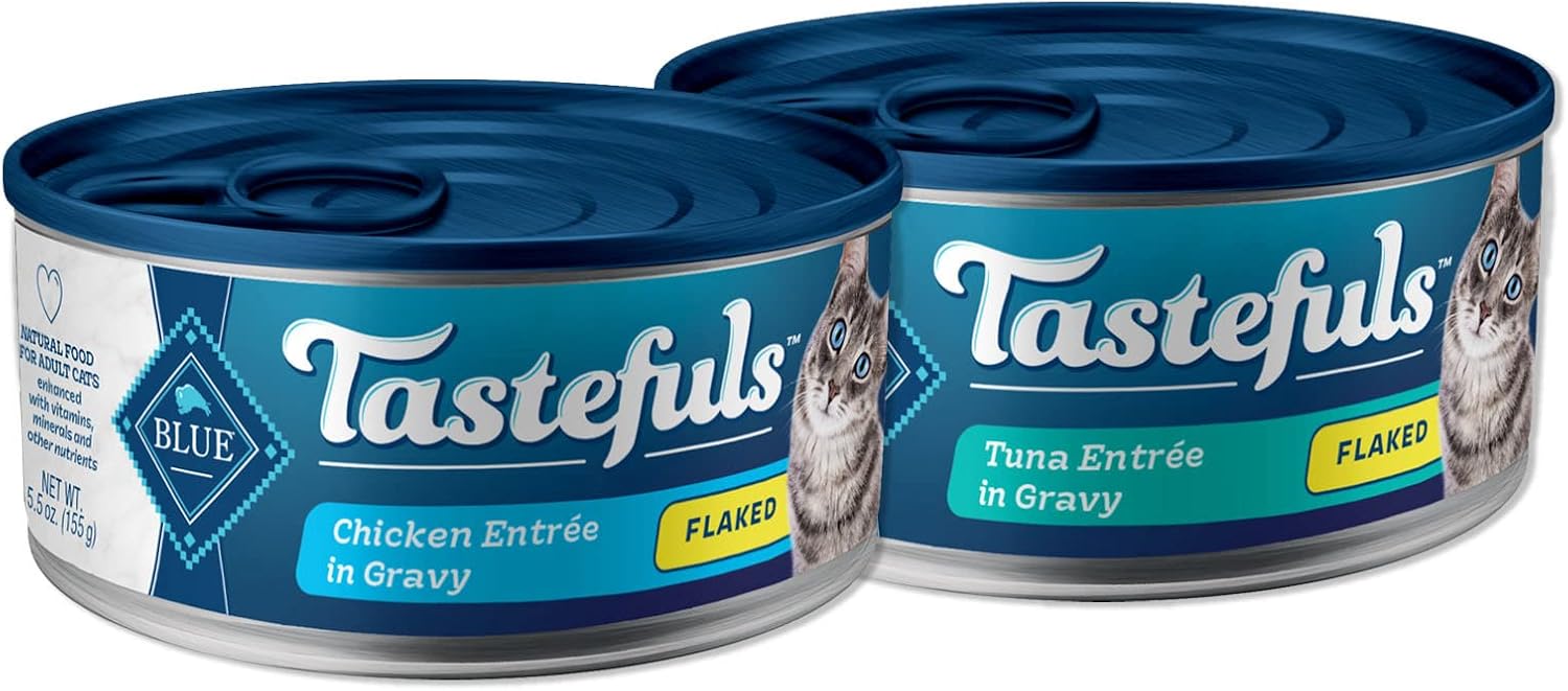 Blue Buffalo Tastefuls Natural Flaked Wet Cat Food Bundle, Flaked Chicken and Tuna 5.5-oz cans (48 Count- 24 of Each Flavor)