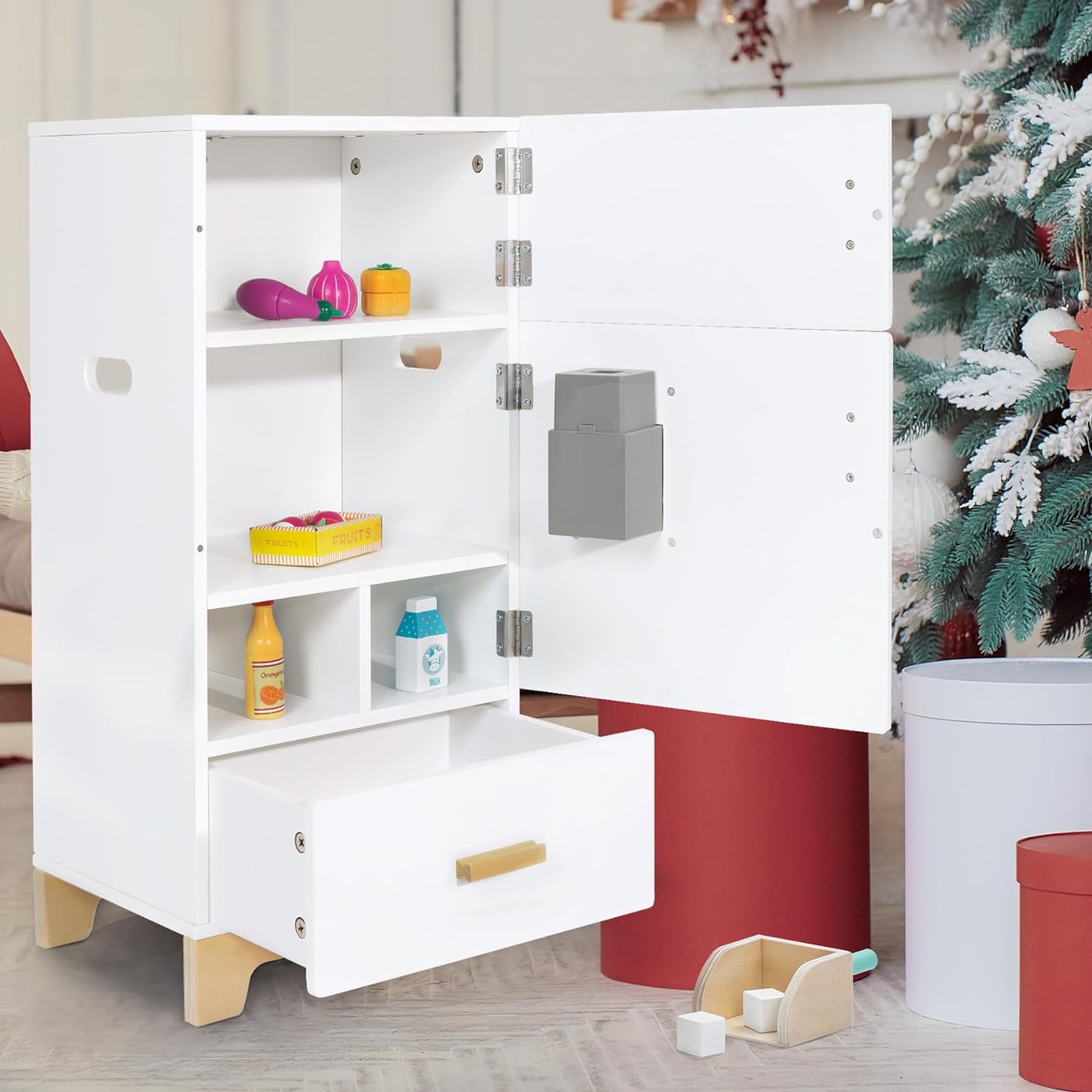 labebe - drewniana lodówka kuchenna | lodówka zamrażarka dla małych dzieci, zabawka dla dzieci, zestaw kuchenny dla dzieci, lodówka szafka dla dzieci Pretend Play Meble białe dla dzieci Chłopiec Dziewczynka (15,8 13,8” 27”)