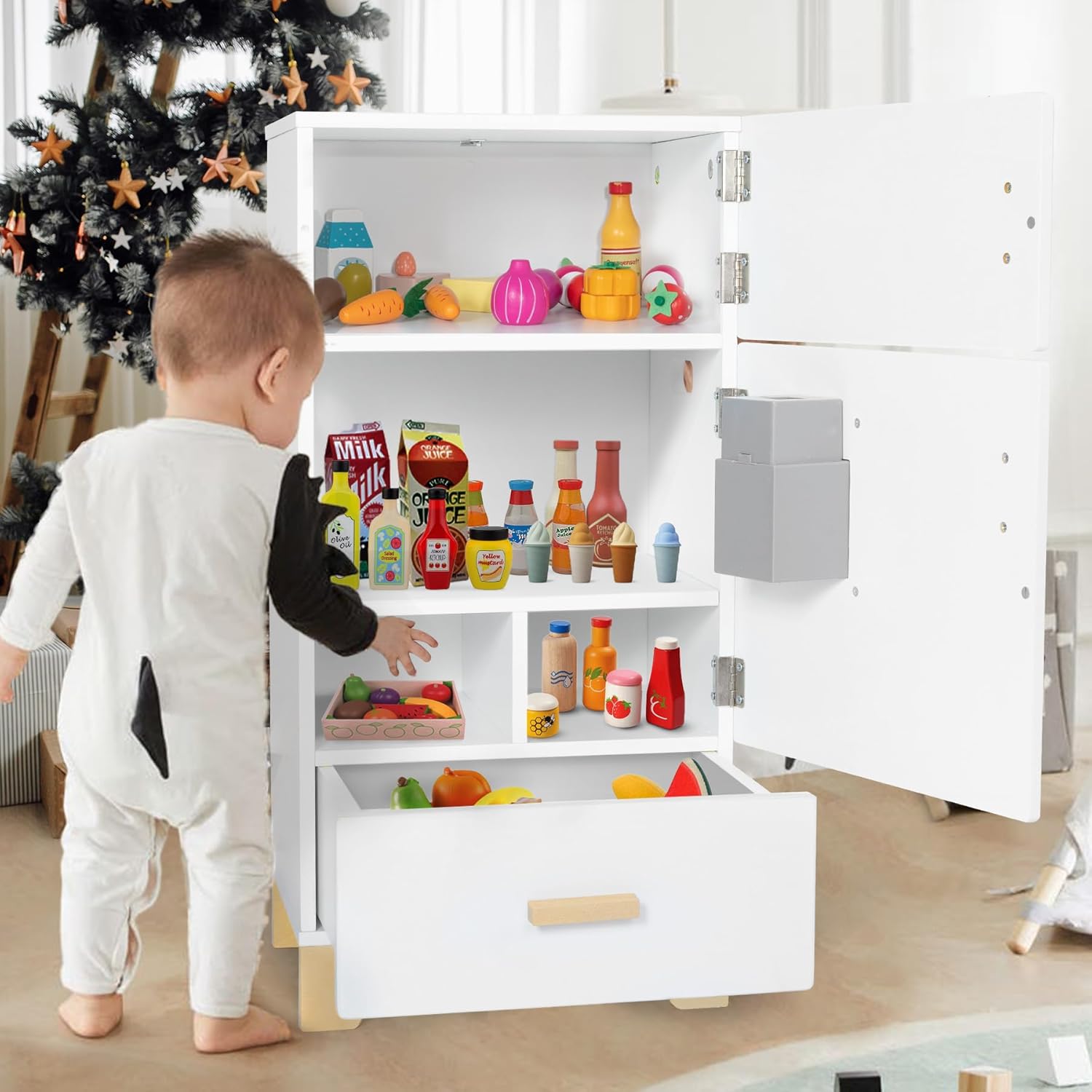 labebe - drewniana lodówka kuchenna | lodówka zamrażarka dla małych dzieci, zabawka dla dzieci, zestaw kuchenny dla dzieci, lodówka szafka dla dzieci Pretend Play Meble białe dla dzieci Chłopiec Dziewczynka (15,8 13,8” 27”)
