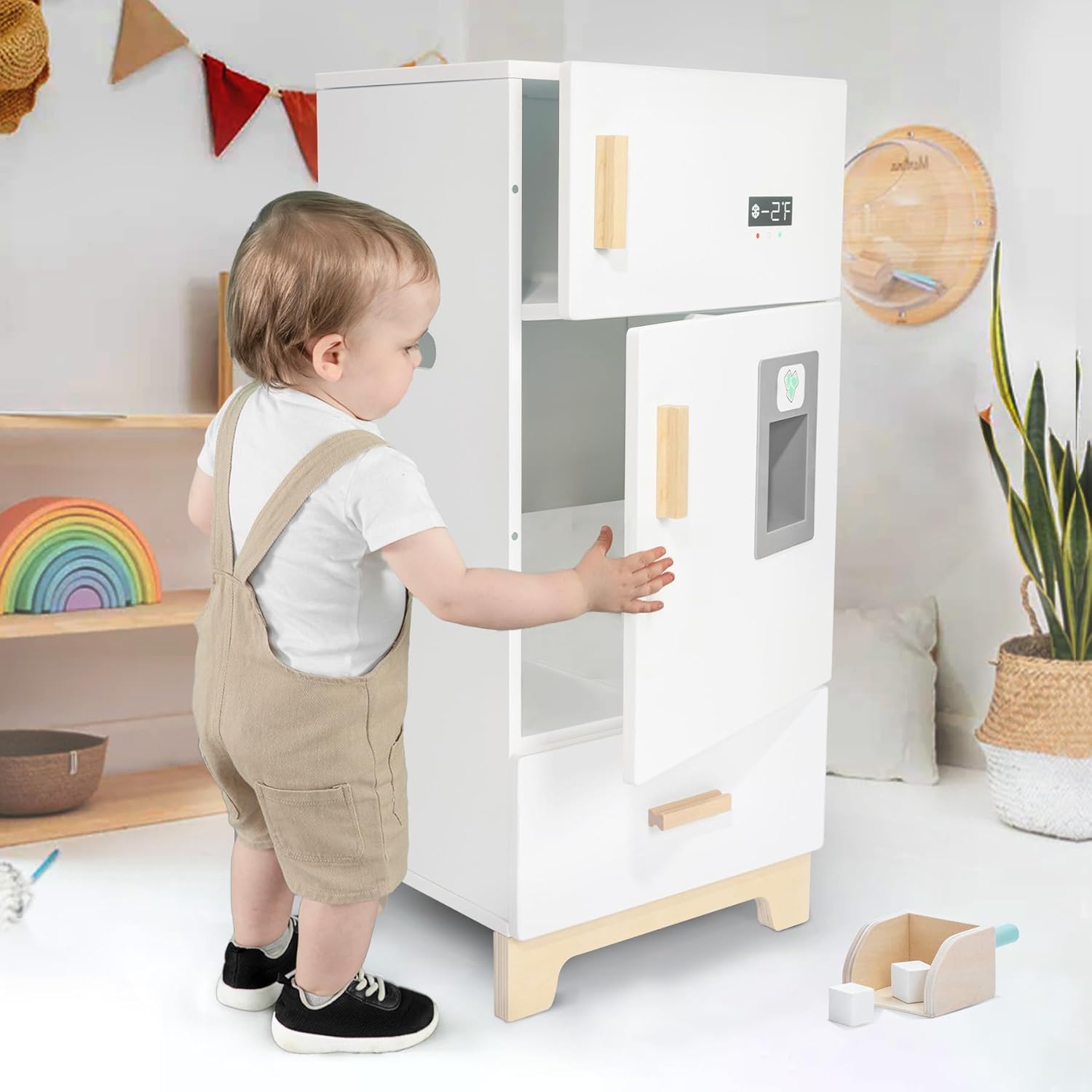 labebe - drewniana lodówka kuchenna | lodówka zamrażarka dla małych dzieci, zabawka dla dzieci, zestaw kuchenny dla dzieci, lodówka szafka dla dzieci Pretend Play Meble białe dla dzieci Chłopiec Dziewczynka (15,8 13,8” 27”)