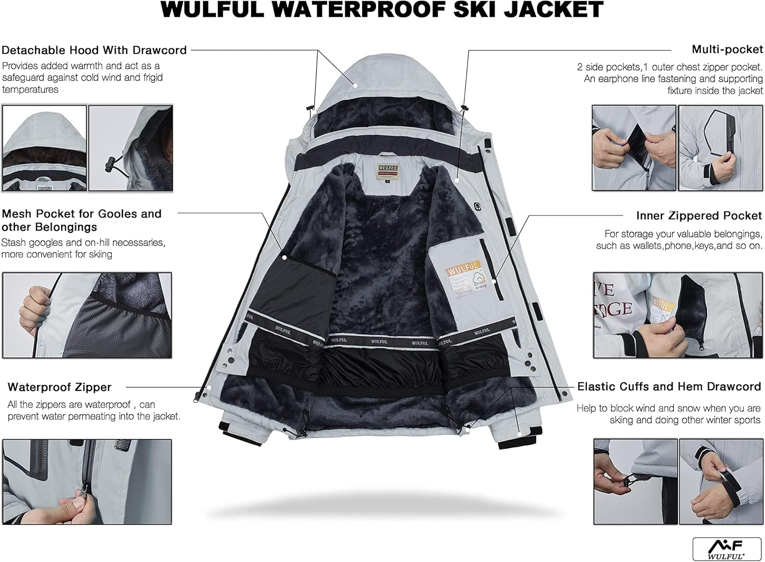 แจ็คเก็ตสกีกันน้ำสำหรับผู้ชาย WULFUL เสื้อโค้ทกันหนาวสำหรับเล่นสกีและกันลมสำหรับปีนเขา
